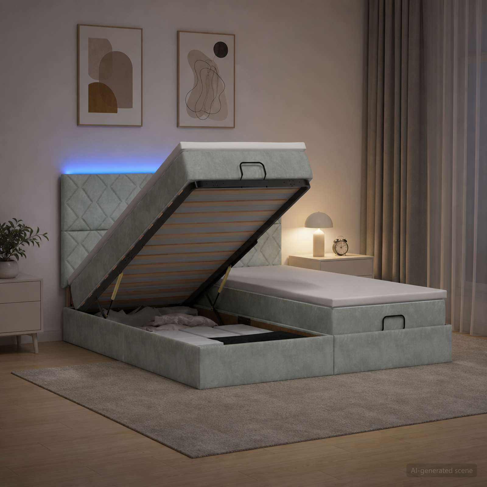 vidaXL Ottoman seng med madras og LED Lysegrå 200 x 200 cm Velour