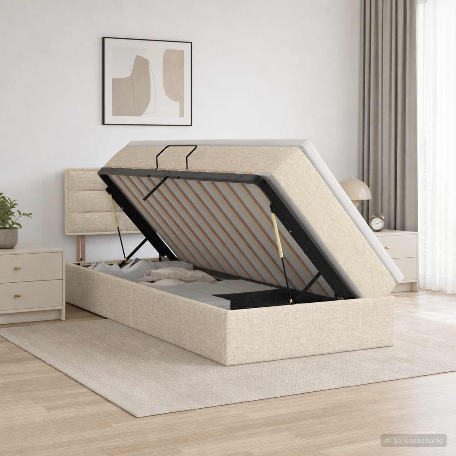 LED Opslagbed met Matras Crèmekleurig 100 x 200 cm Stof – afbeelding 1