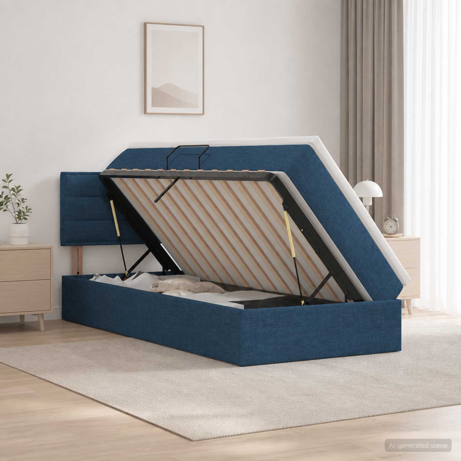 LED Opslagbed met Matras Blauw 100 x 200 cm Stof – afbeelding 1
