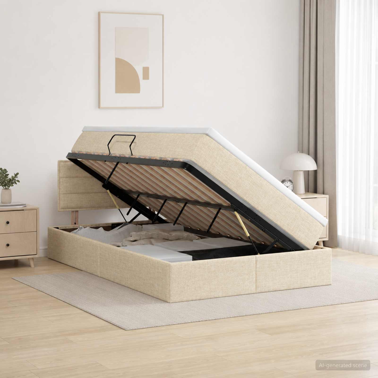 LED Opslagbed met Matras Crèmekleurig 120 x 200 cm Stof – afbeelding 1