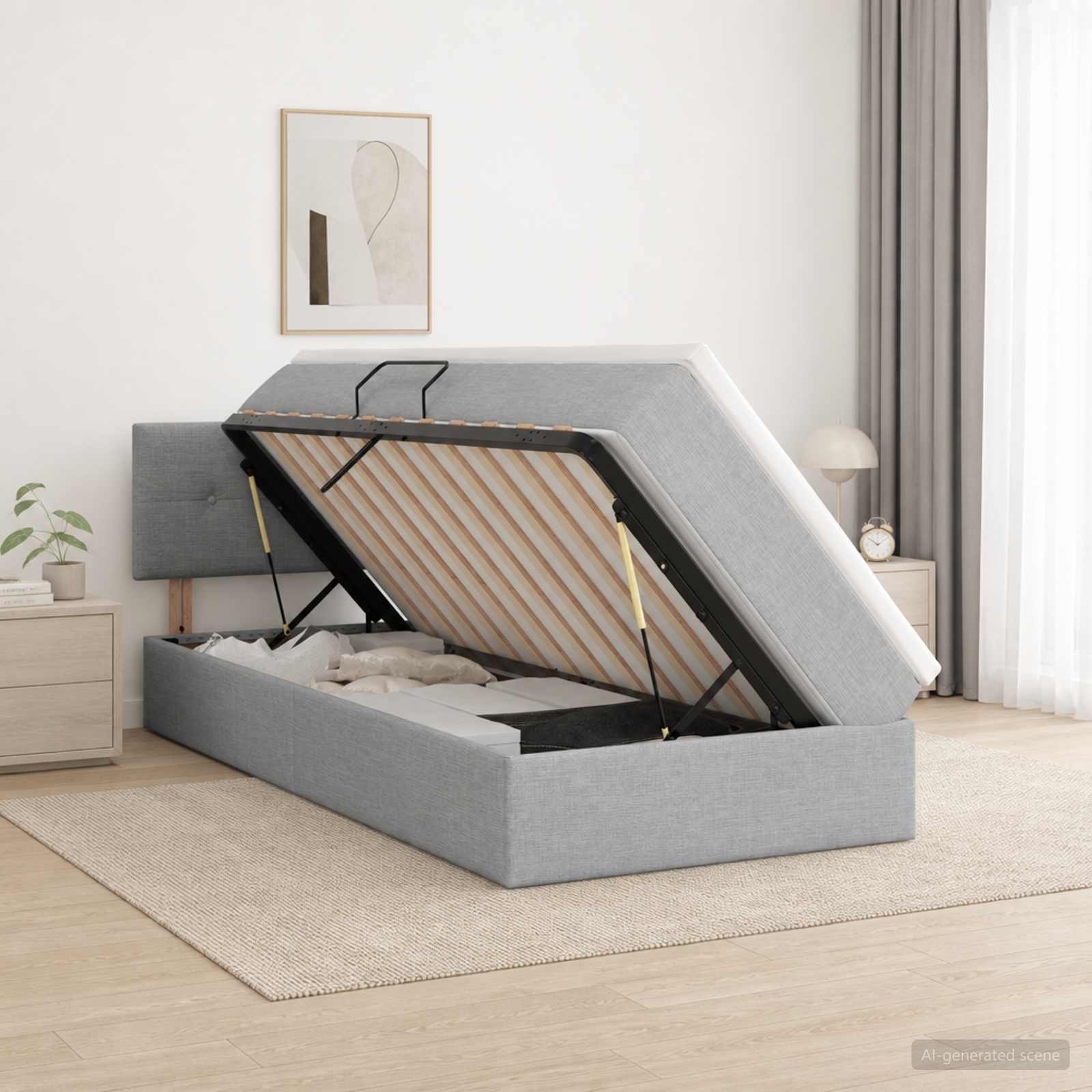 LED Opslagbed met Matras Lichtgrijs 90 x 200 cm Stof – afbeelding 1