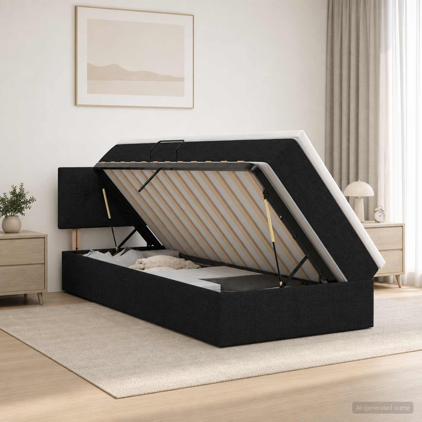 LED Opslagbed met Matras Zwart 90 x 190 cm Stof – afbeelding 1