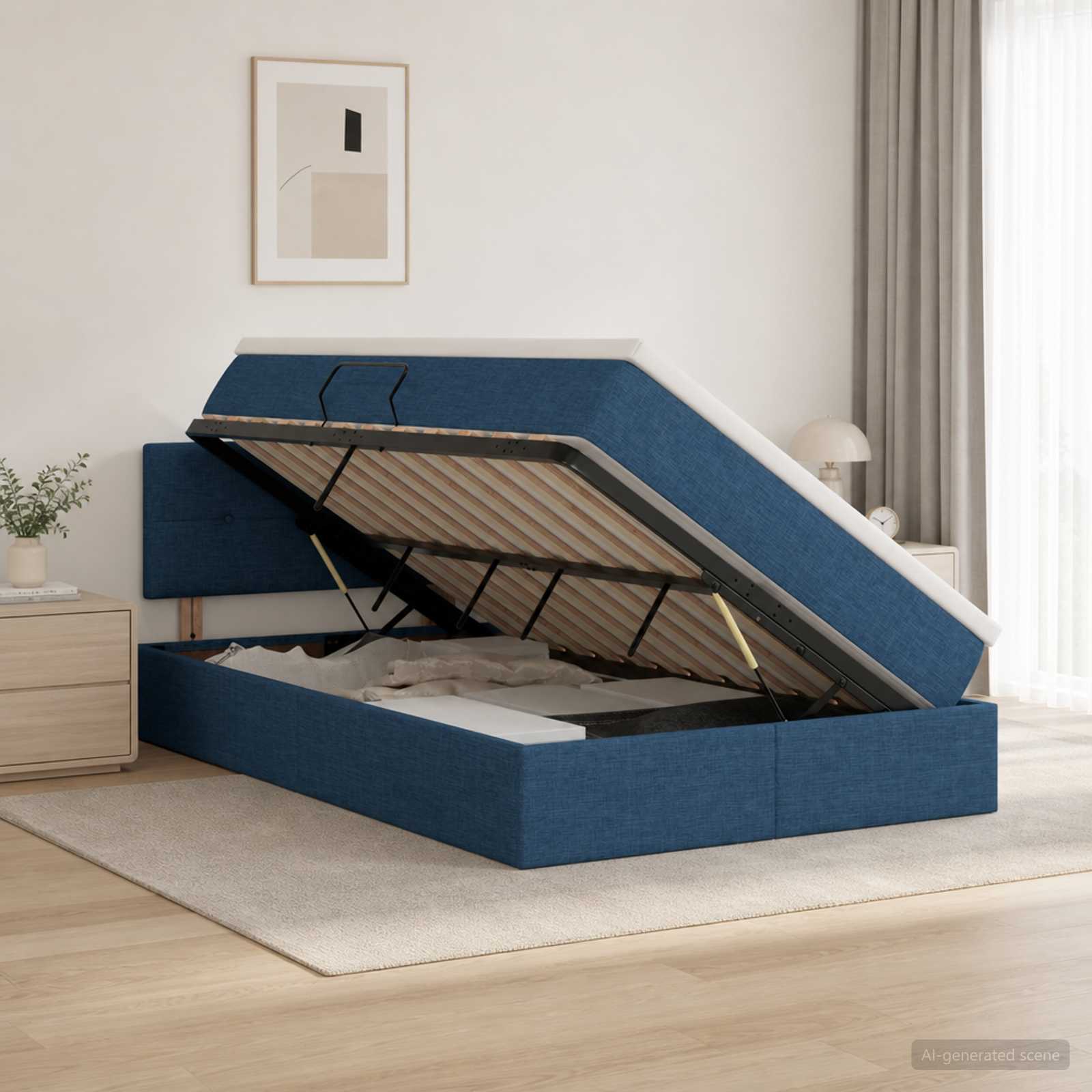 LED Opslagbed met Matras Blauw 120 x 200 cm Stof – afbeelding 1