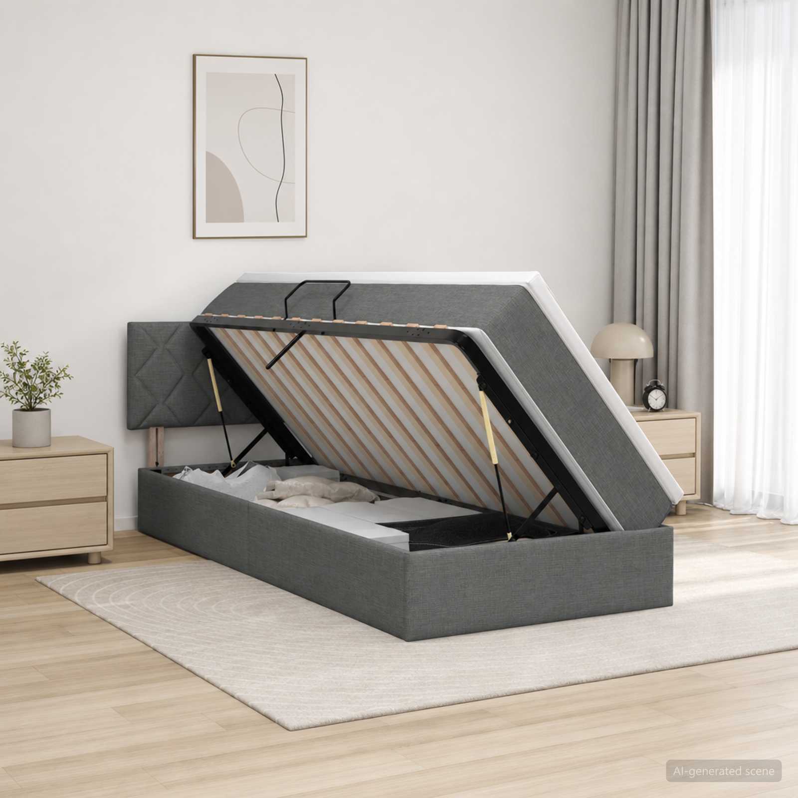 LED Opslagbed met Matras Donkergrijs 90 x 200 cm Stof – afbeelding 1