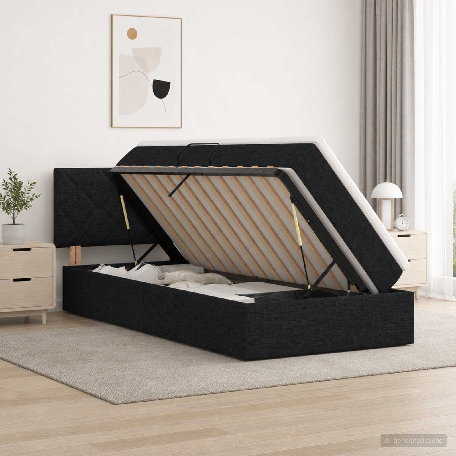 LED Opslagbed met Matras Zwart 90 x 200 cm Stof – afbeelding 1