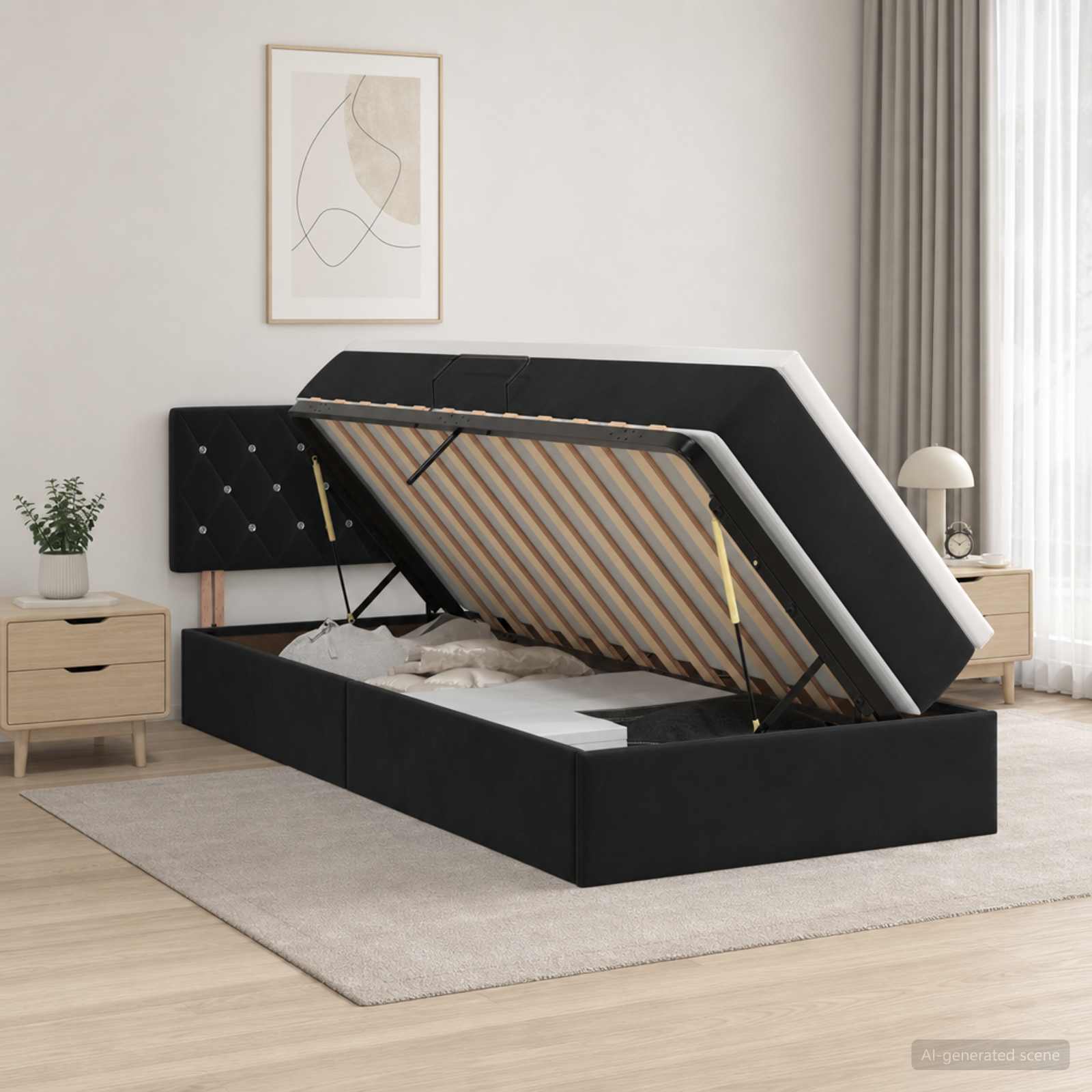 Opslag bed met hoofdeinde Zwart 90 x 200 cm Fluweel – afbeelding 1