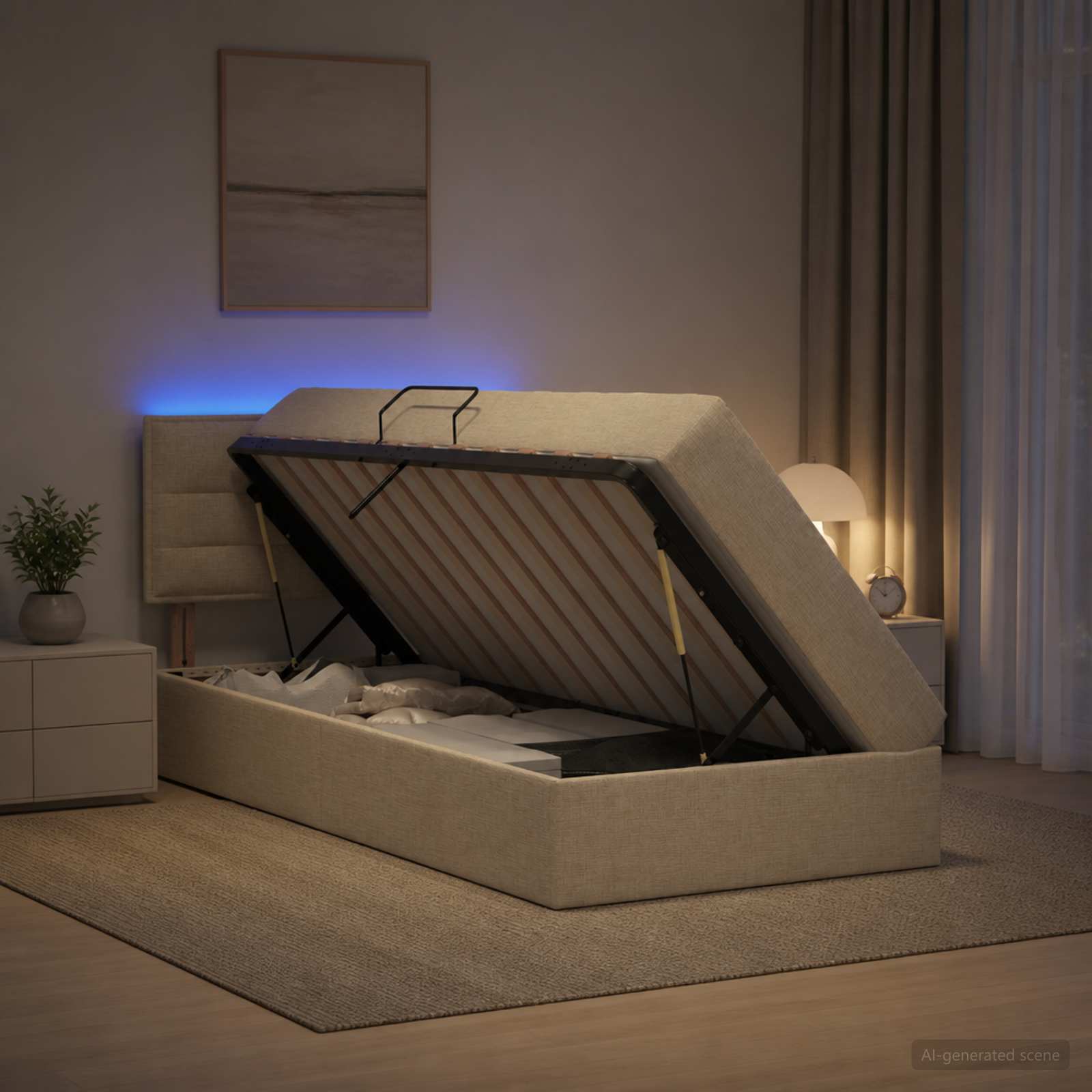 LED Postelja za Shranjevanje z Blazino Krem 90 x 200 cm Blago
