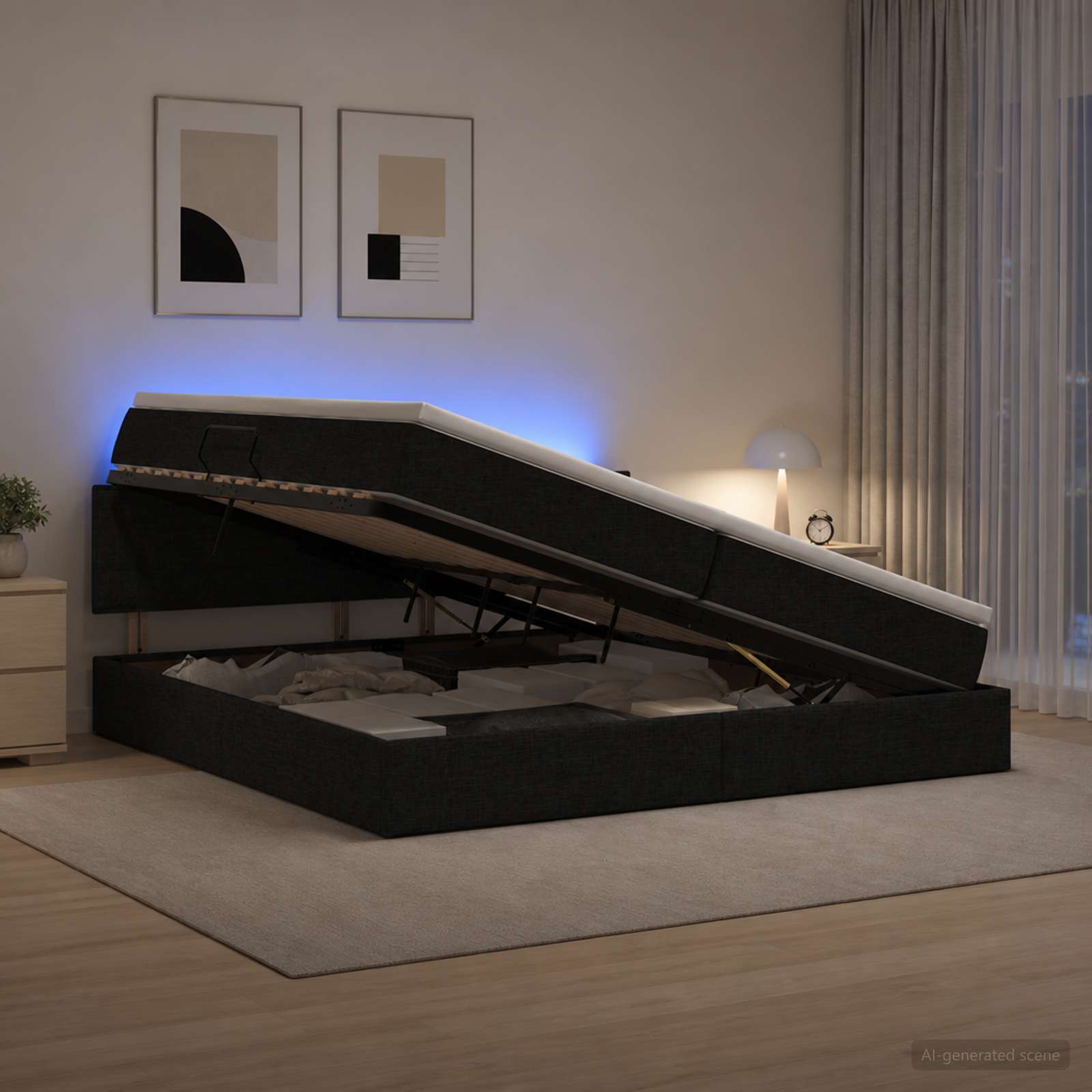 vidaXL LED Opslagbed met Matras Zwart 200 x 200 cm Stof, foto 4