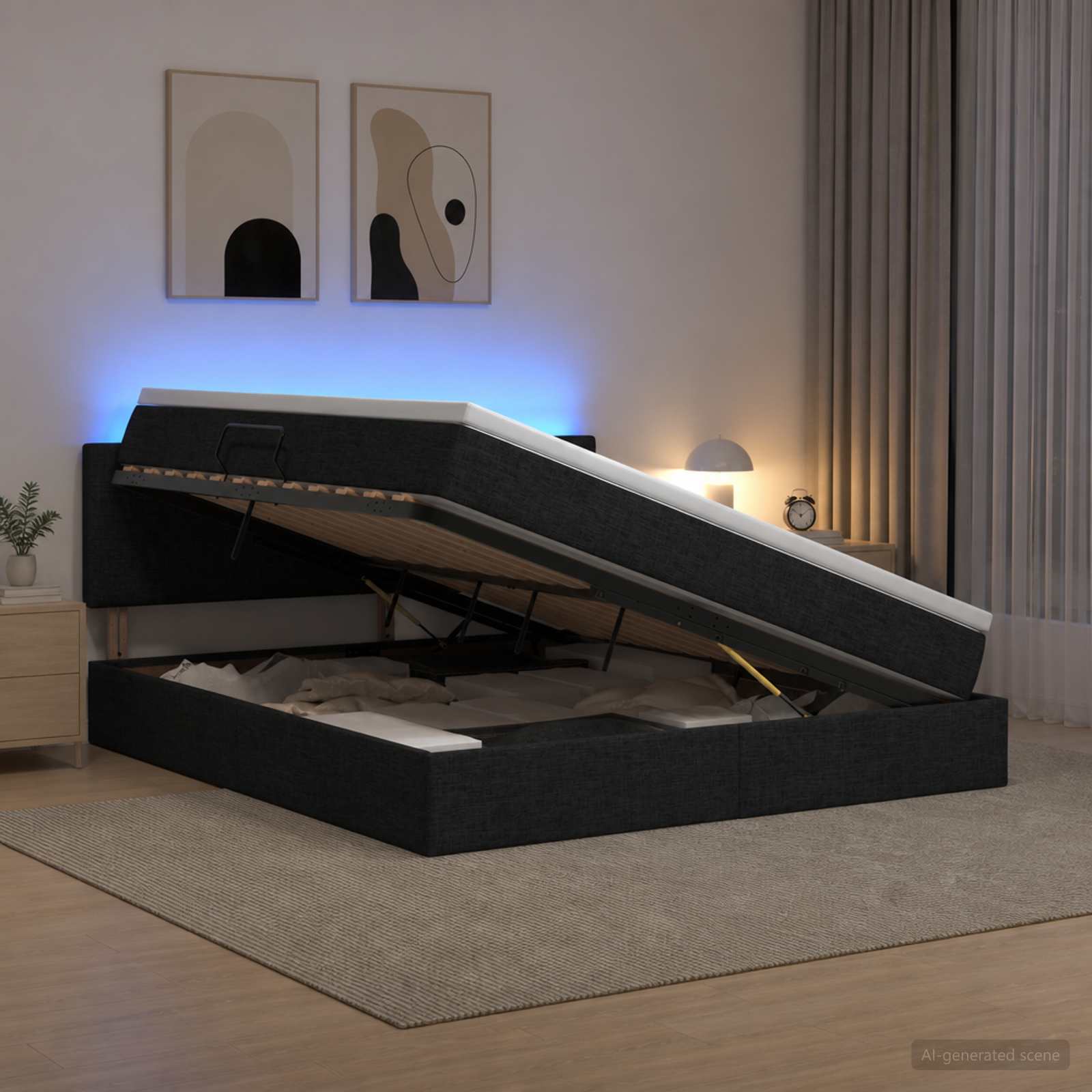 Opbevaringsseng med LED, madras og topmadras - sort 180 x 200 cm