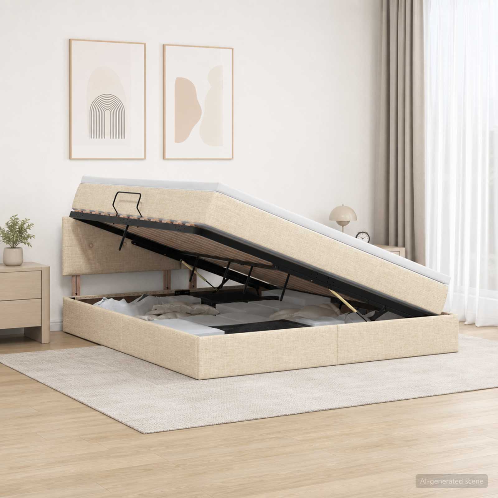 LED Opslagbed met Matras Crèmekleurig 180 x 200 cm Stof – afbeelding 1