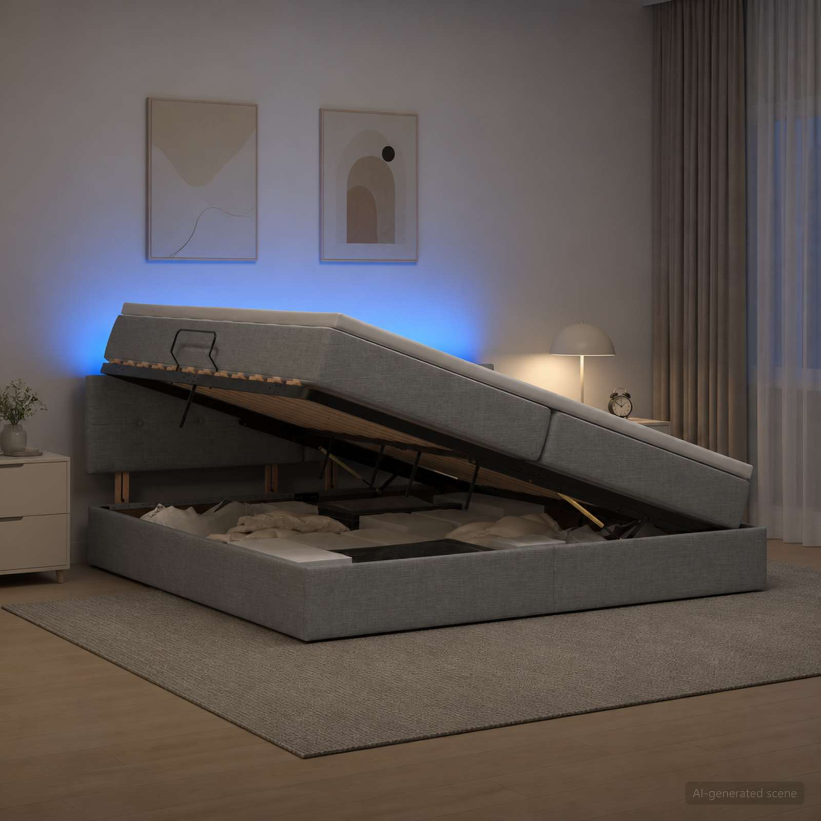 vidaXL LED opbevarings seng med madras Lysegrå 200 x 200 cm Stof