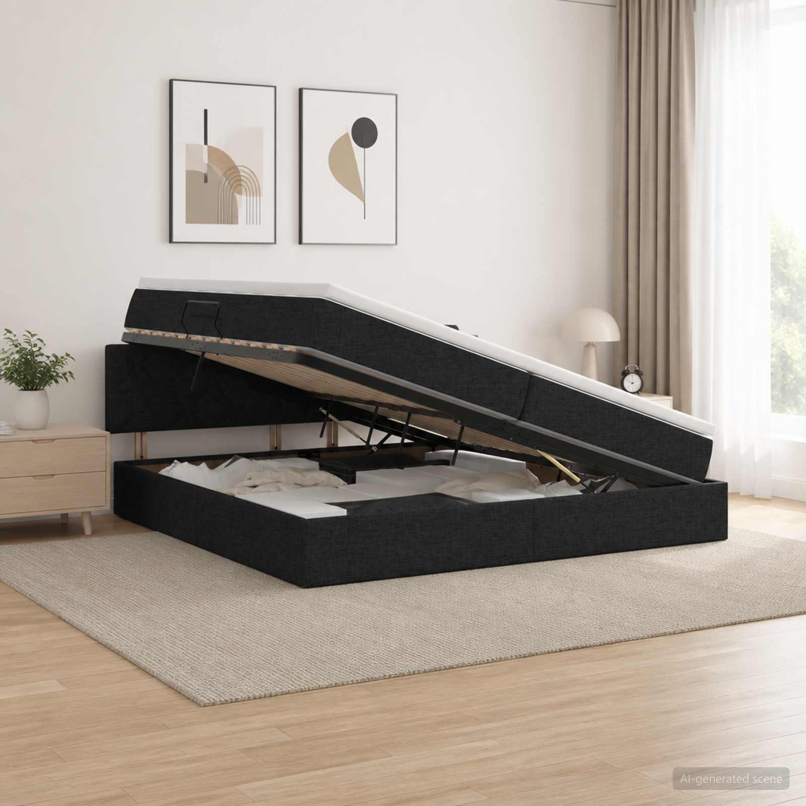 Opbergbed met matras met hoofdeinde Zwart 200 x 200 cm fluweel – afbeelding 1