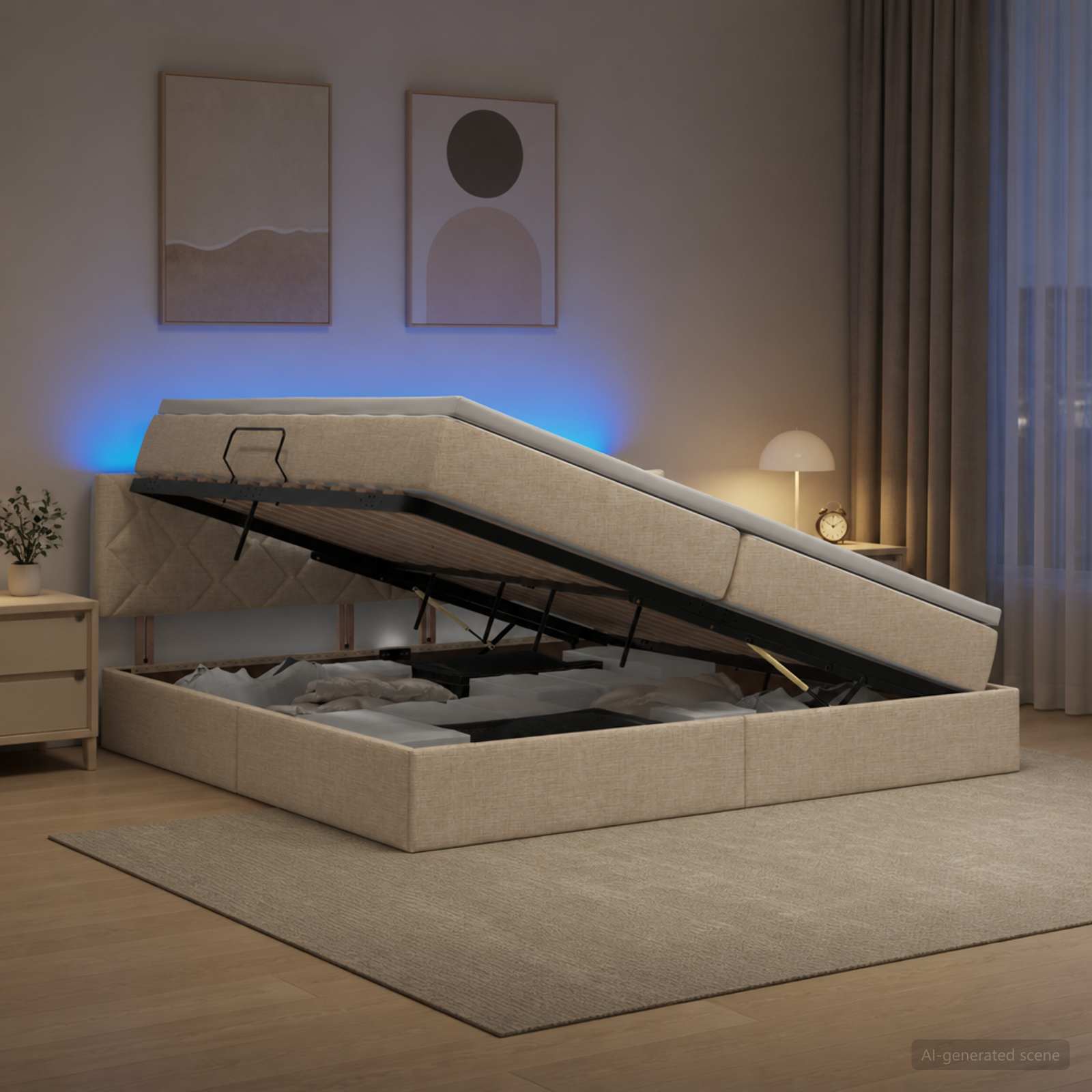 vidaXL LED Opslagbed met Matras Crèmekleurig 200 x 200 cm Stof, foto 4