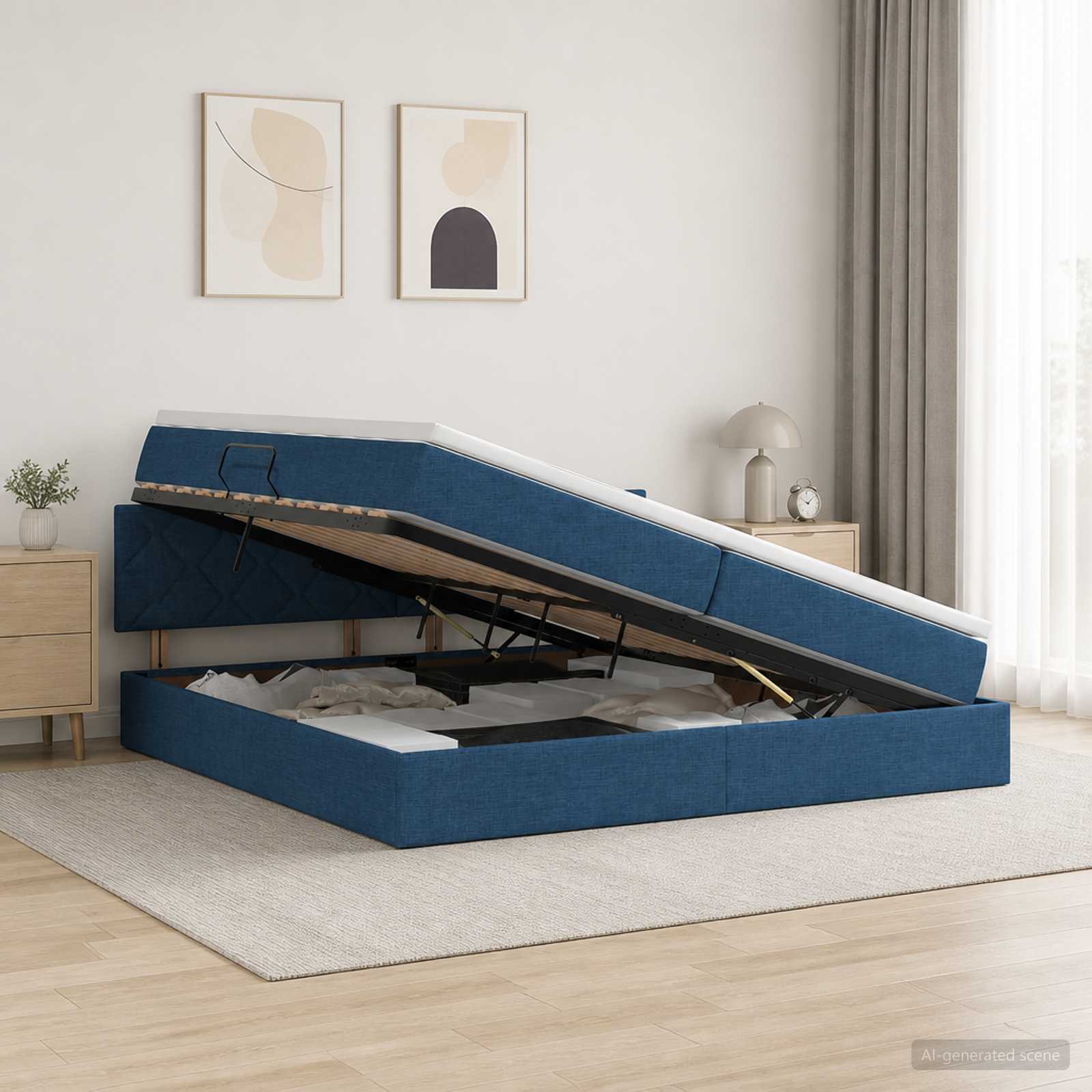 Opbergbed met matras met hoofdeinde Blauw 200 x 200 cm fluweel – afbeelding 1