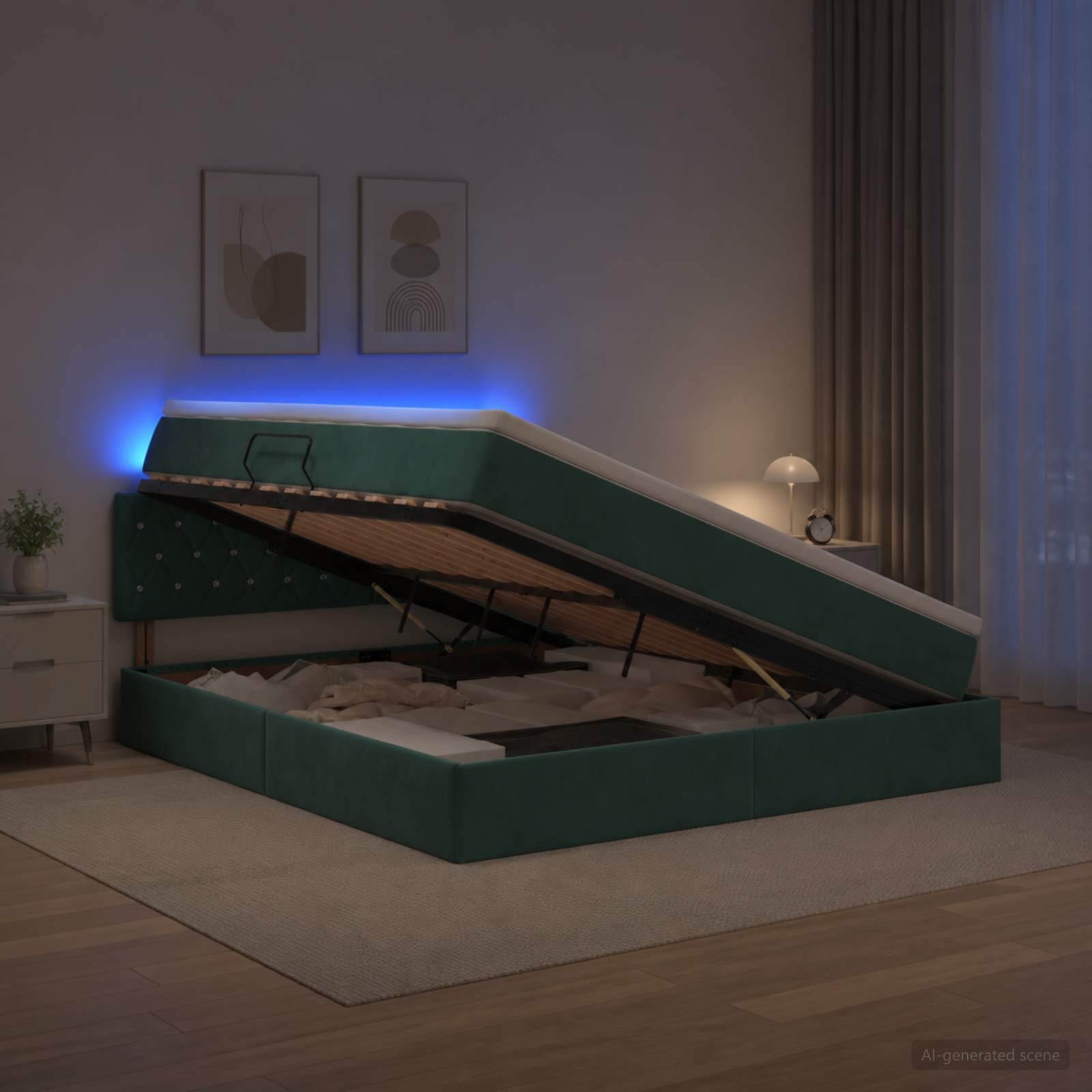 vidaXL LED opbevarings seng med madras Mørkegrøn 180 x 200 cm Fløjl