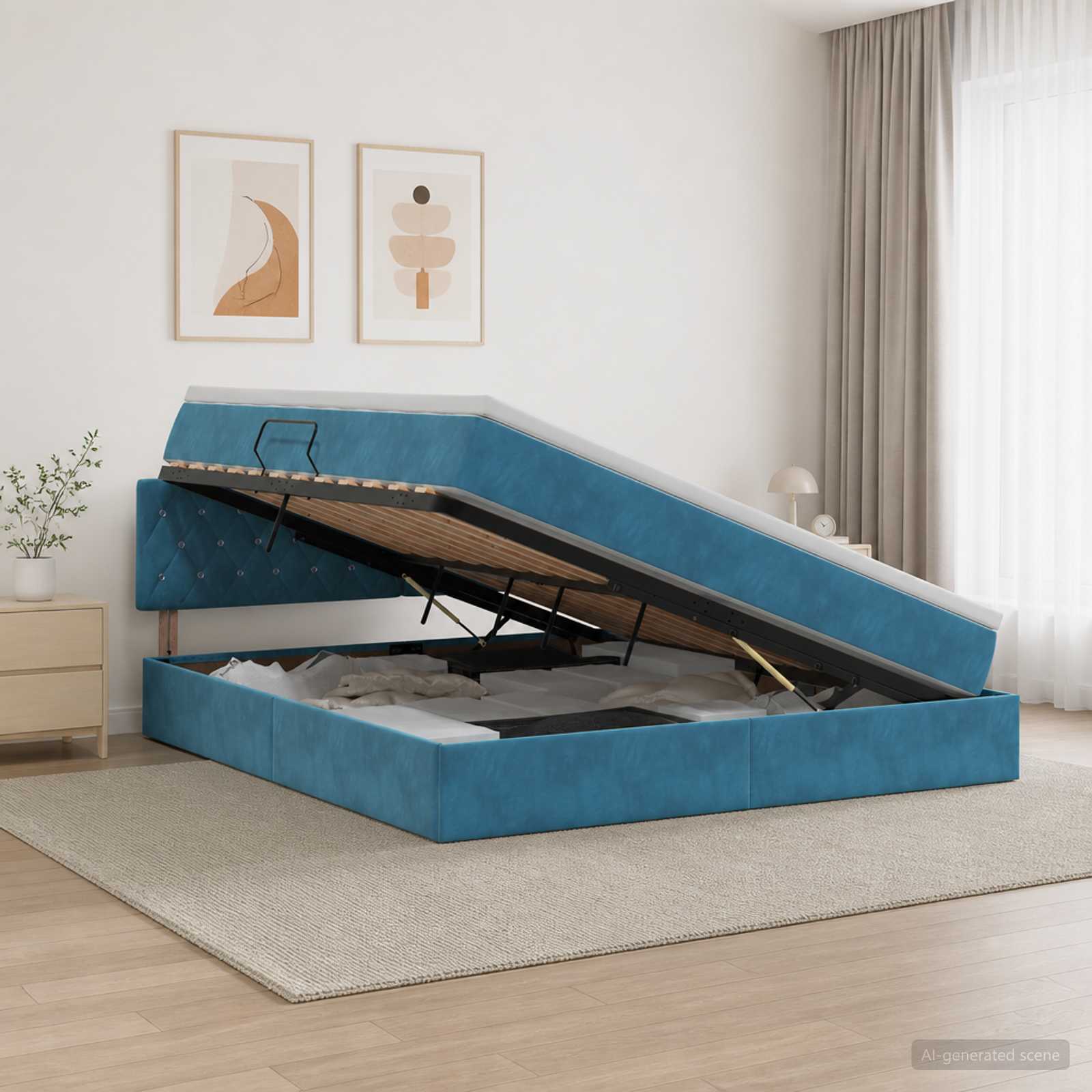 Opslag bed met hoofdeinde Donkerblauw 140 x 200 cm Fluweel – afbeelding 1