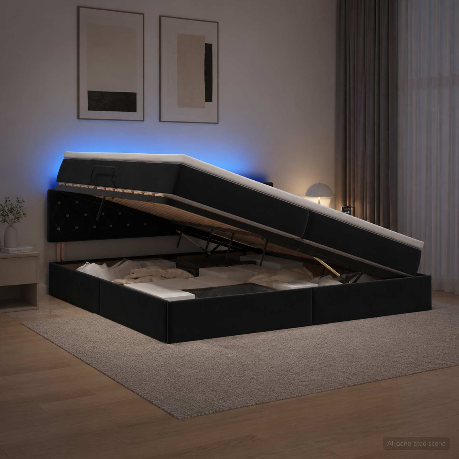 LED легло за съхранение с матрак Черно 200 x 200 cm Кадифе