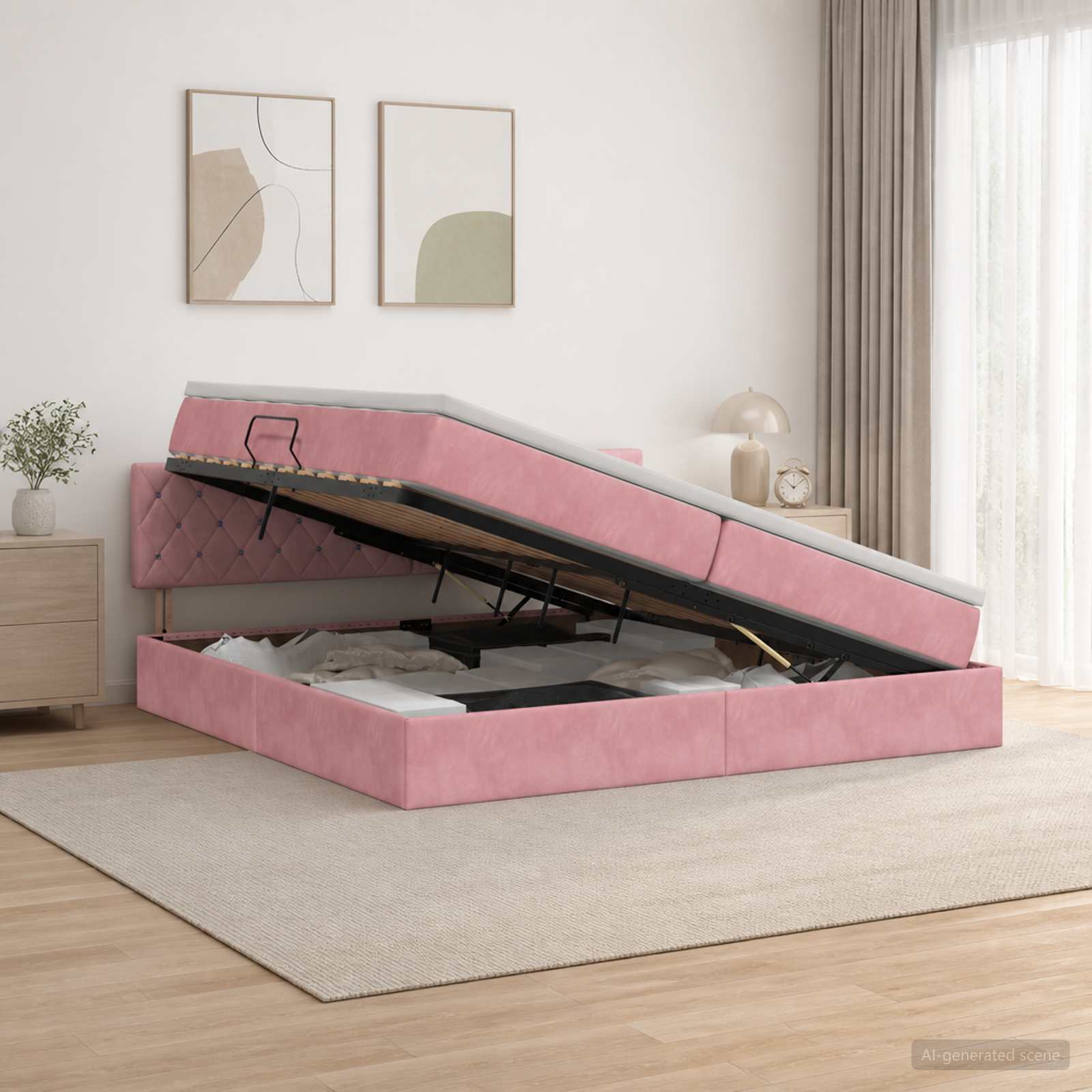 Opslag bed met hoofdeinde Roze 200 x 200 cm Fluweel – afbeelding 1