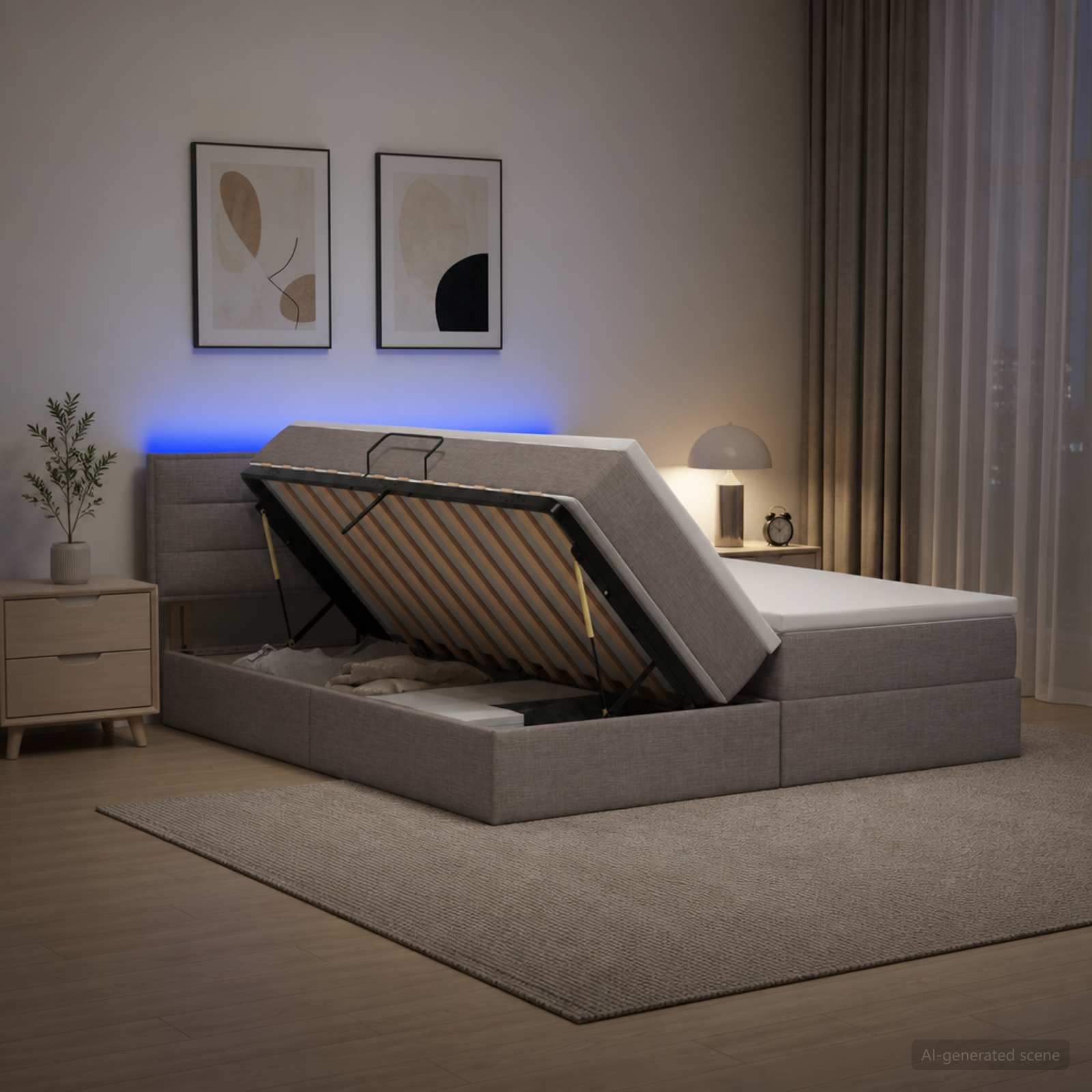 LED Postelja za Shranjevanje z Blazino Taupe 180 x 200 cm Blago