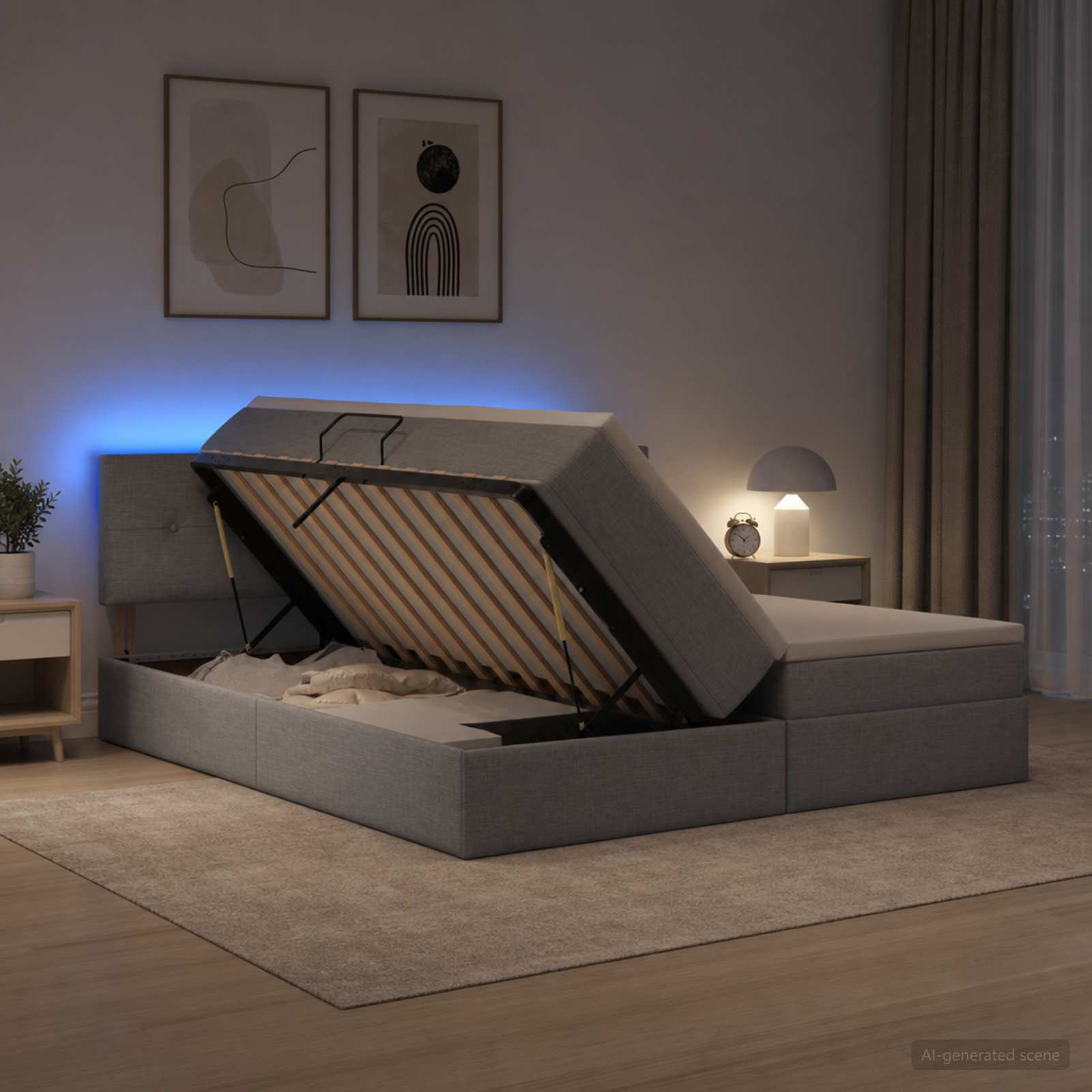 vidaXL LED opbevarings seng med madras Lysegrå 200 x 200 cm Stof