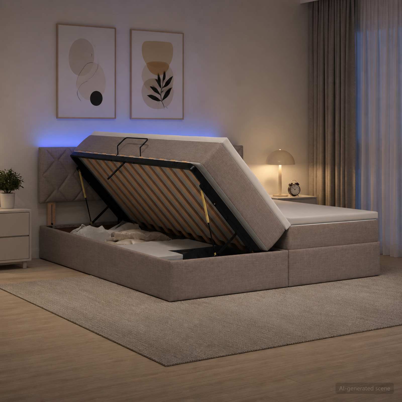 LED легло за съхранение с матрак Таупе 180 x 200 cm Текстил