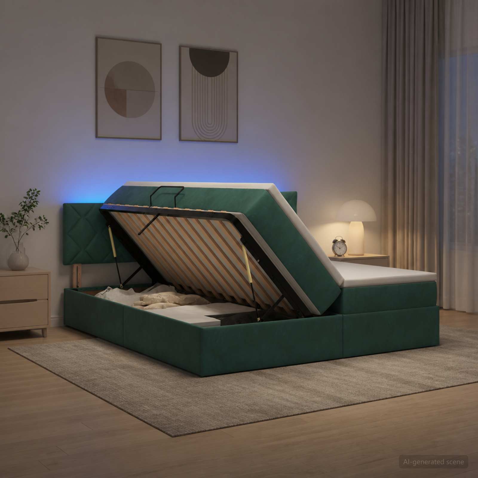 vidaXL LED opbevarings seng med madras Mørkegrøn 200 x 200 cm Fløjl