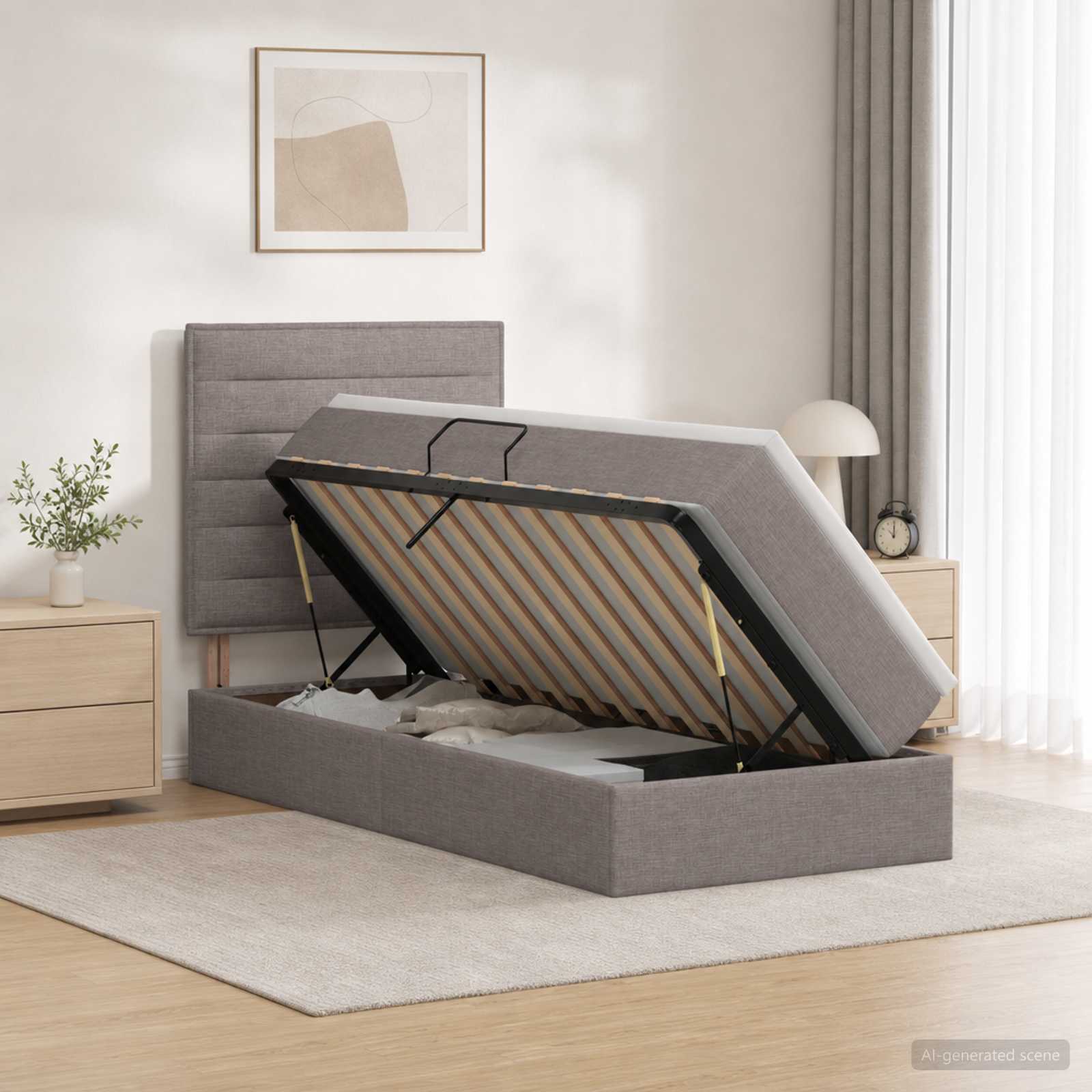 Opbevaringsseng 90 x 200 cm med madras og hydraulisk sideåbning - gråbrun/taupe