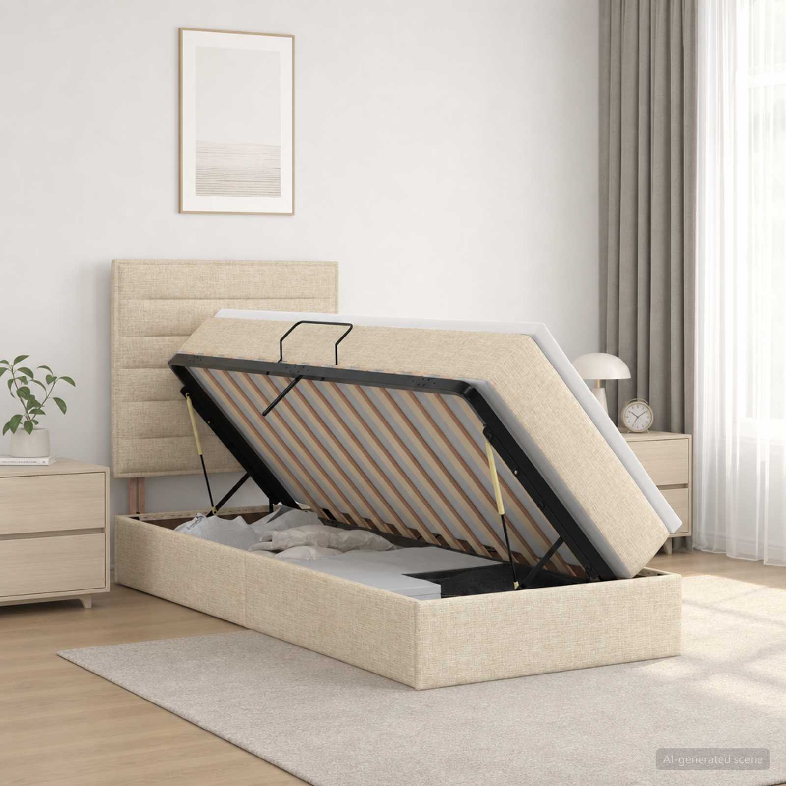 Opslag bed met matras met opslag Crèmekleurig 100 x 200 cm Stof – afbeelding 1