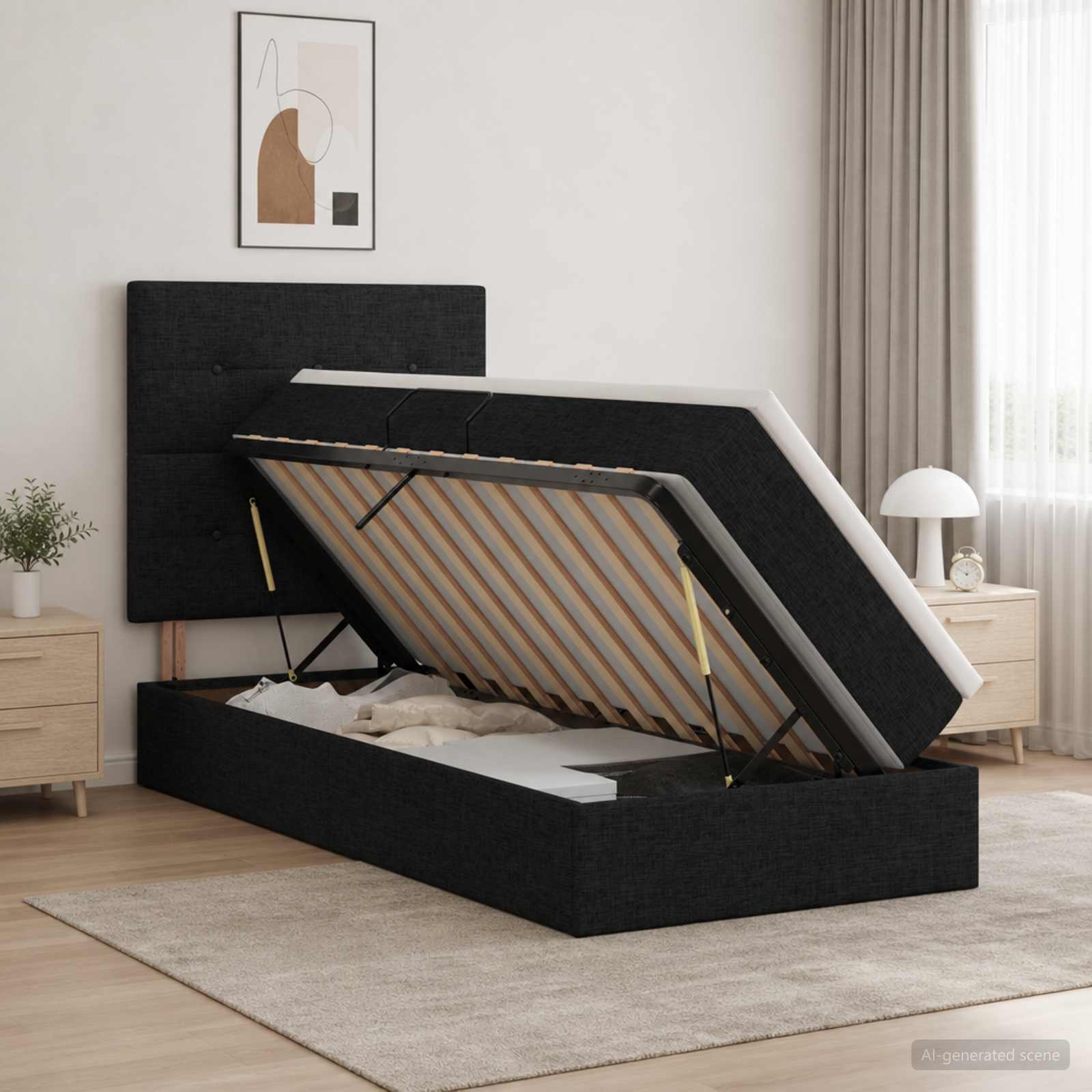 Opslag bed met matras met hoofdeinde Zwart 90 x 200 cm Stof – afbeelding 1