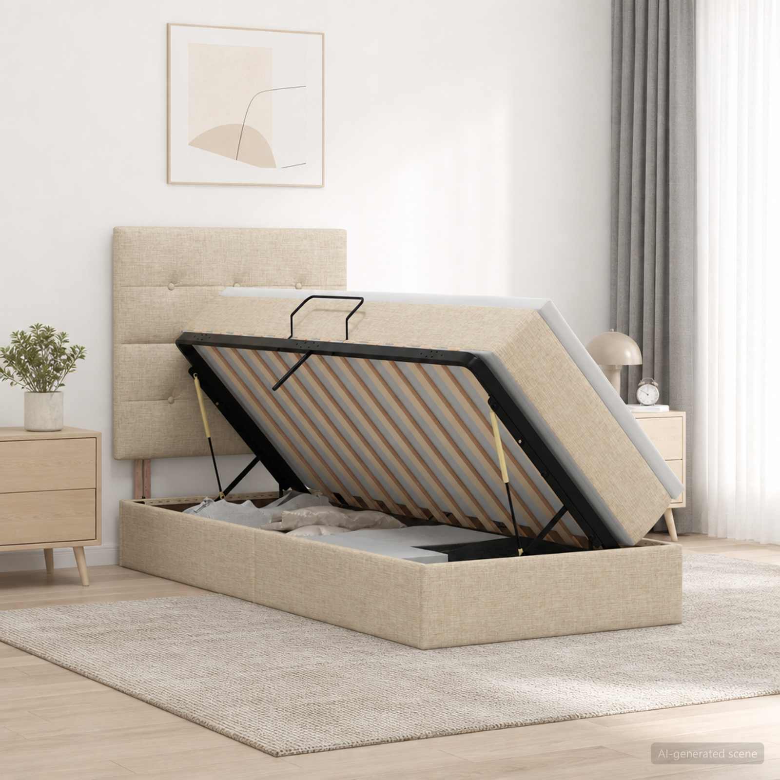 Opslag bed met matras met opslag Crèmekleurig 100 x 200 cm Stof – afbeelding 1