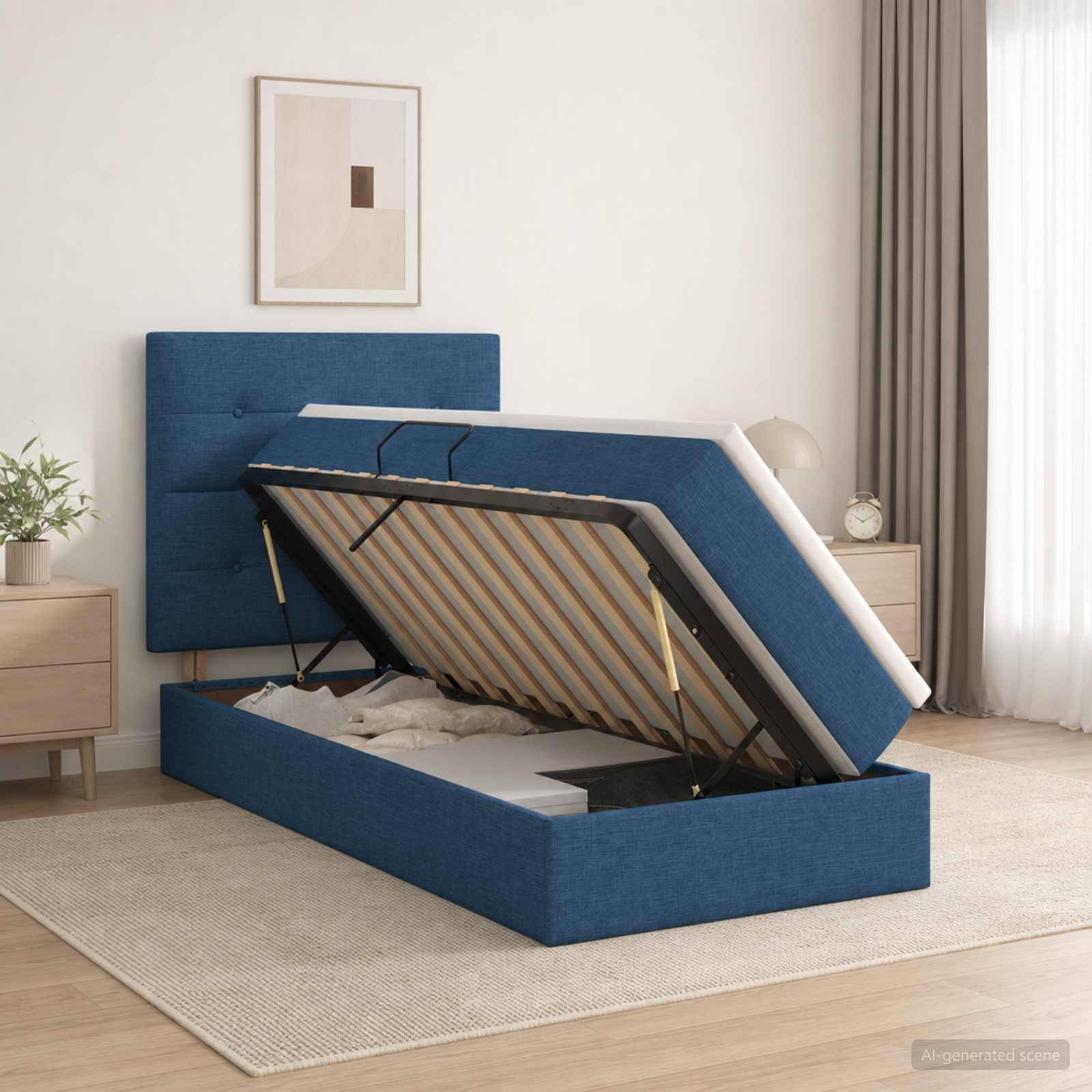 Opslag bed met matras met hoofdeinde Blauw 100 x 200 cm Stof – afbeelding 1