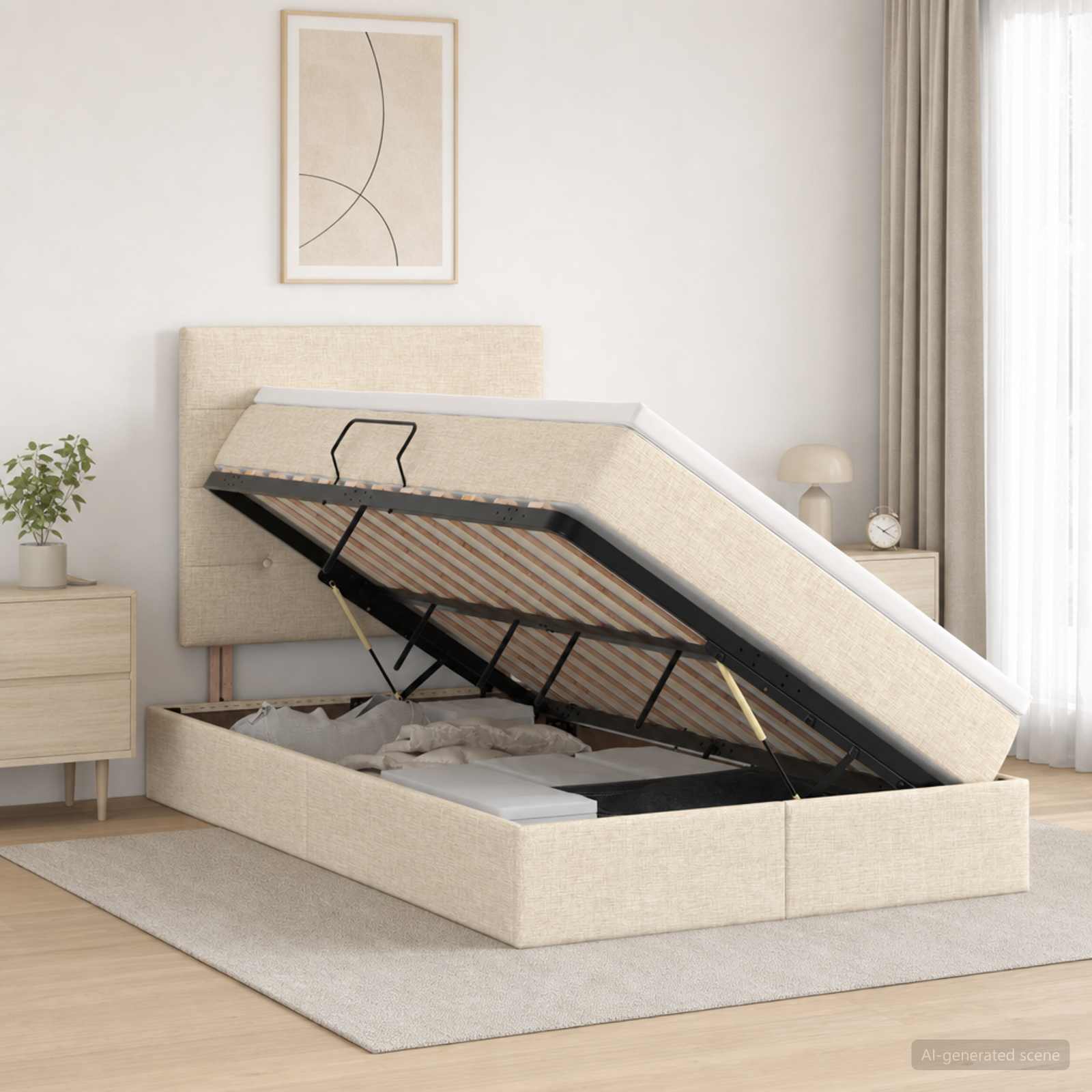 Opslag bed met matras met opslag Crèmekleurig 120 x 200 cm Stof – afbeelding 1