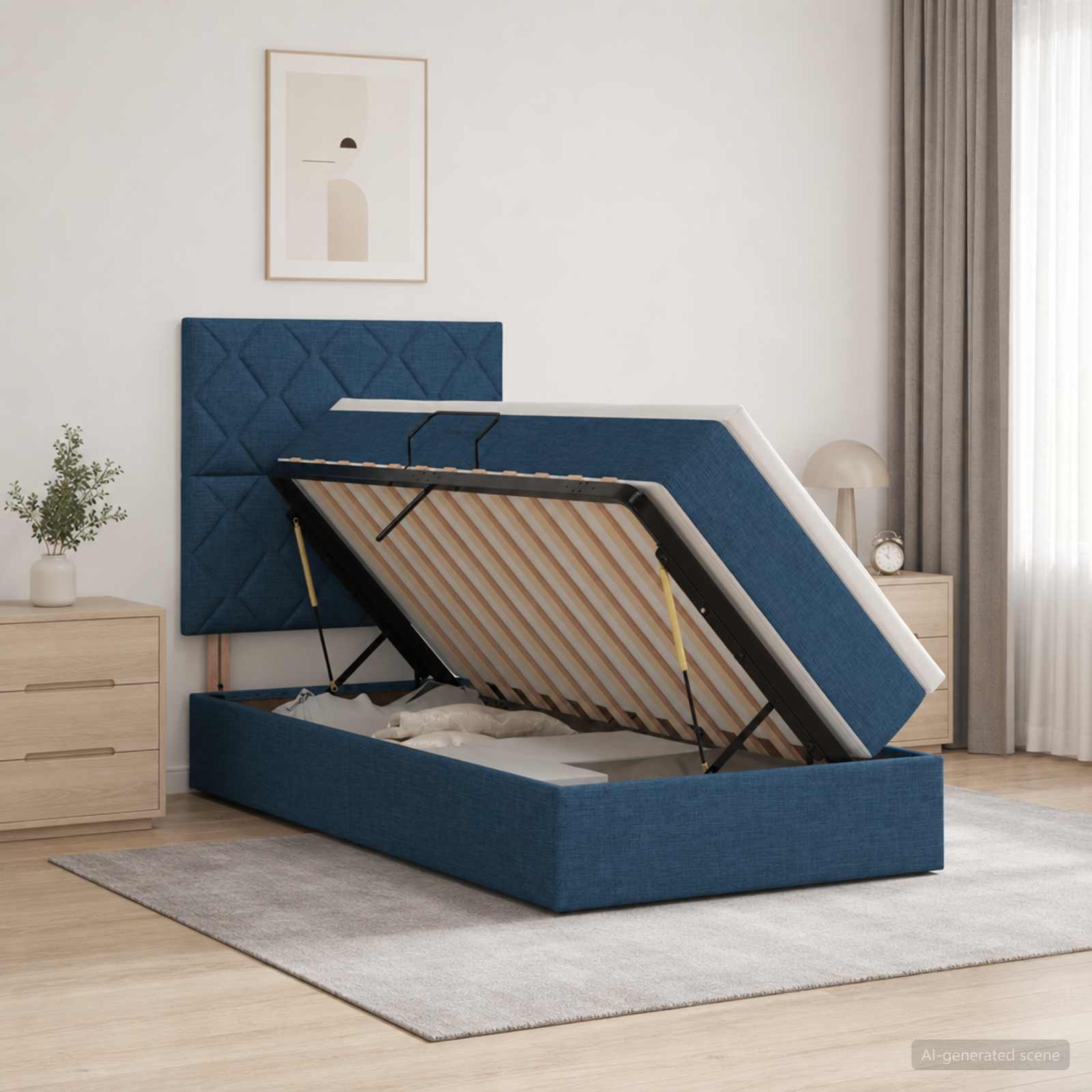 Opslag bed met matras met hoofdeinde Blauw 100 x 200 cm Stof – afbeelding 1