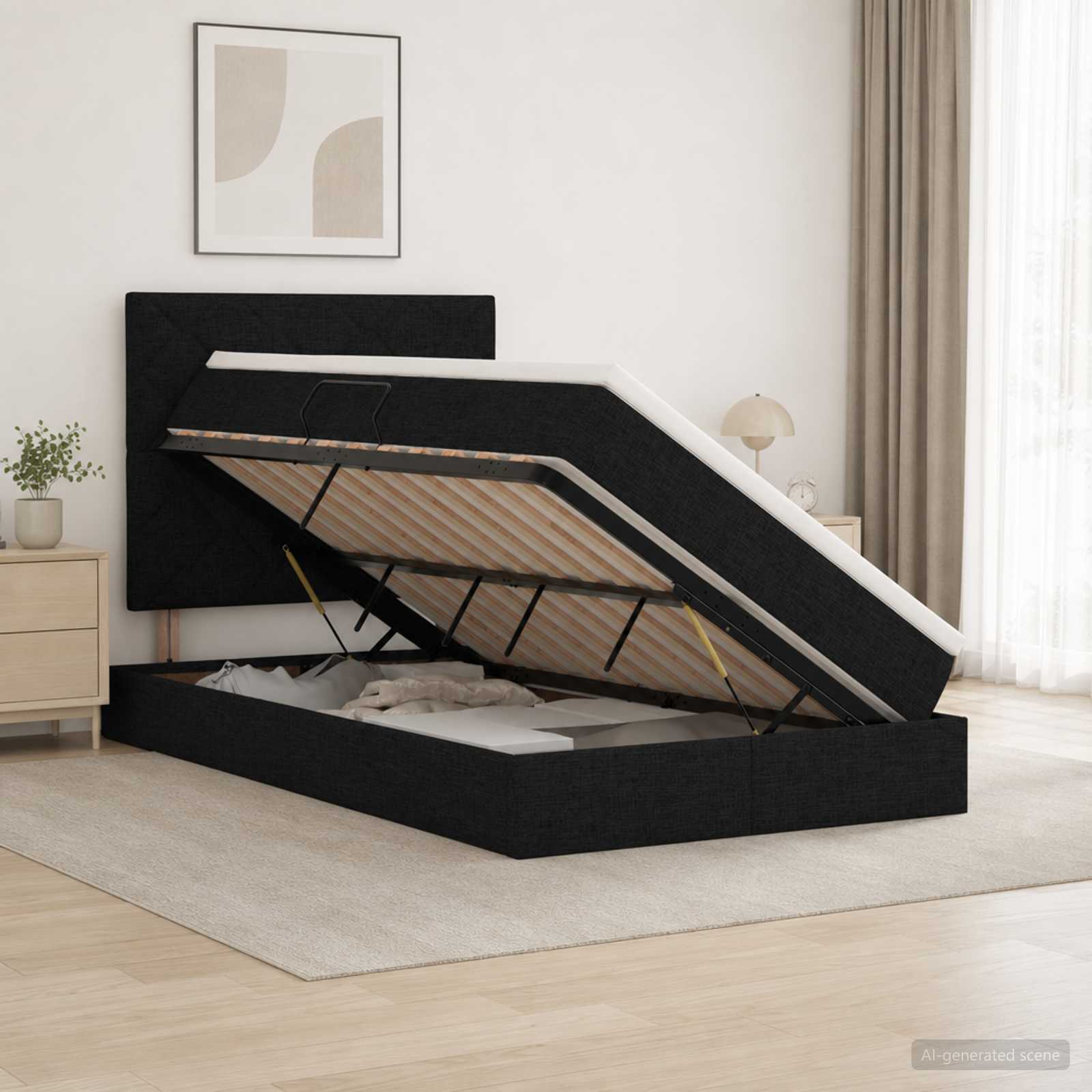 Opslag bed met matras met hoofdeinde Zwart 120 x 200 cm Stof – afbeelding 1