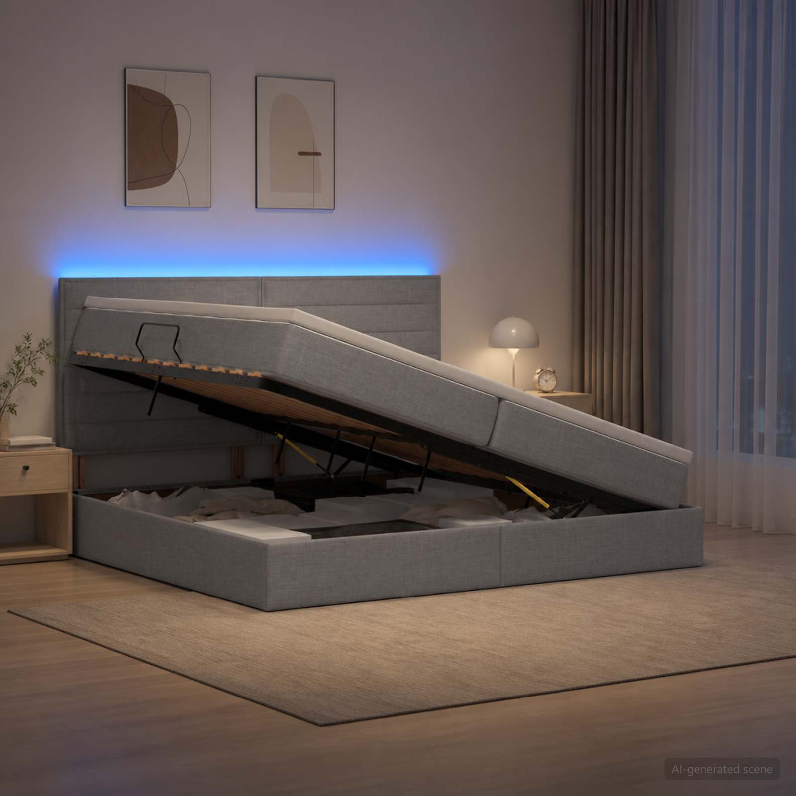 vidaXL LED opbevarings seng med madras Lysegrå 200 x 200 cm Stof