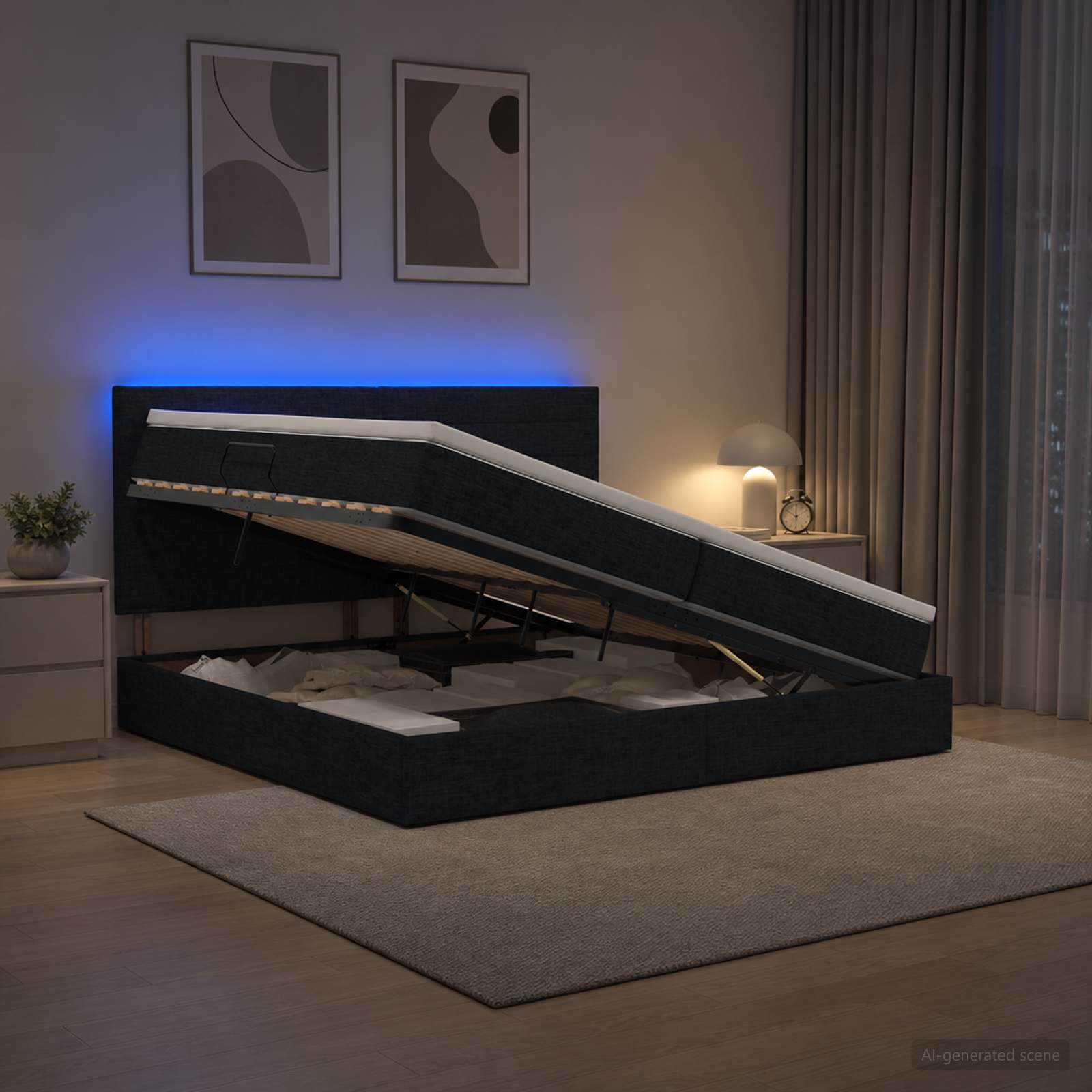 LED Postelja za Shranjevanje z Blazino Črna 200 x 200 cm Blago
