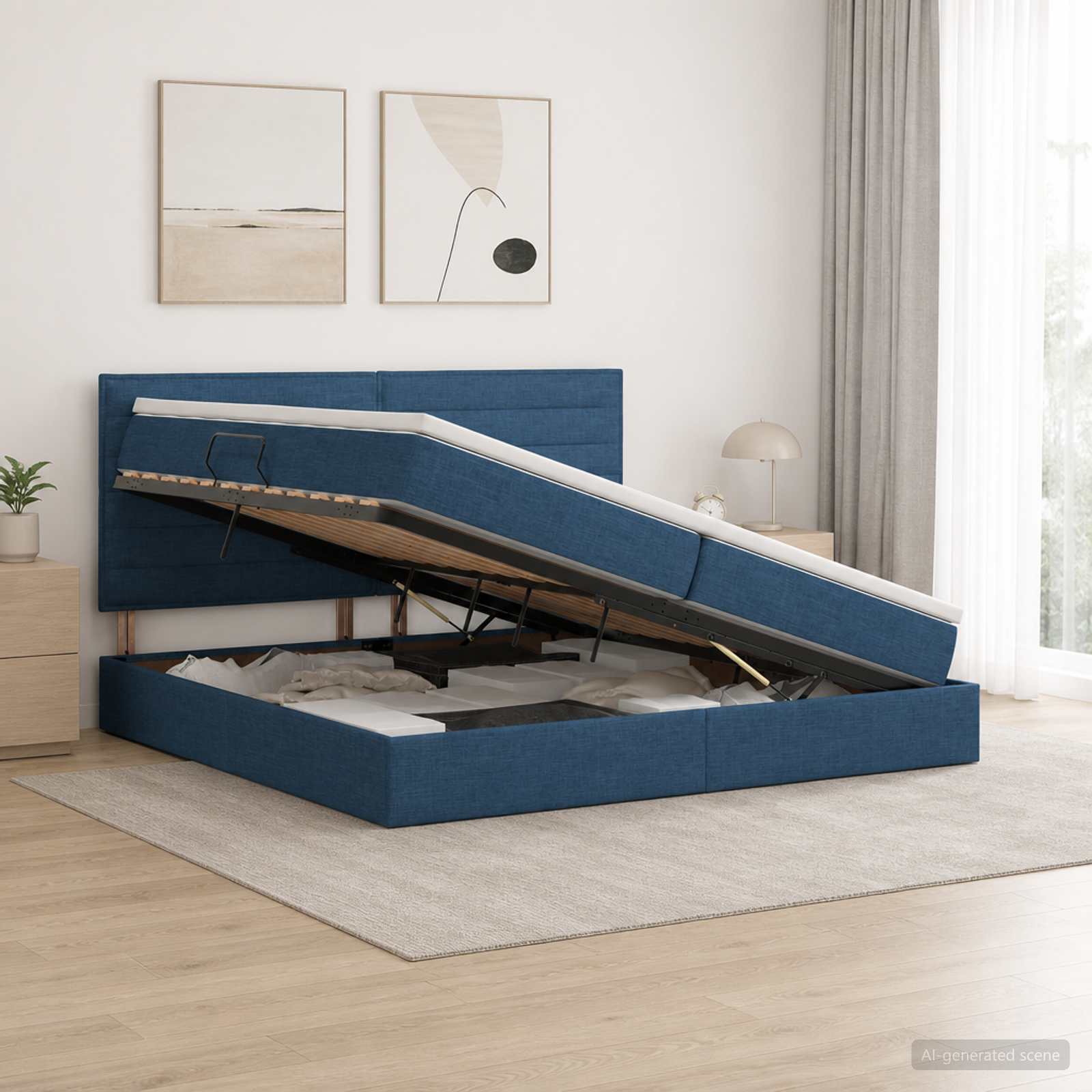 vidaXL Seng med opbevaring og madras Blå 200 x 200 cm Stof