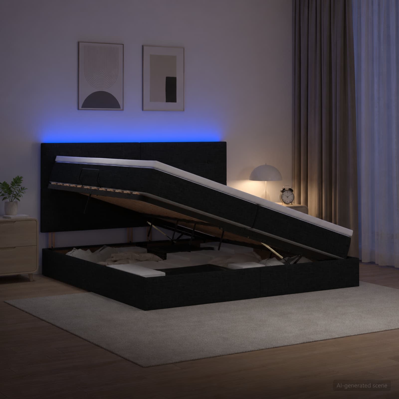 LED Postelja za Shranjevanje z Blazino Črna 200 x 200 cm Blago