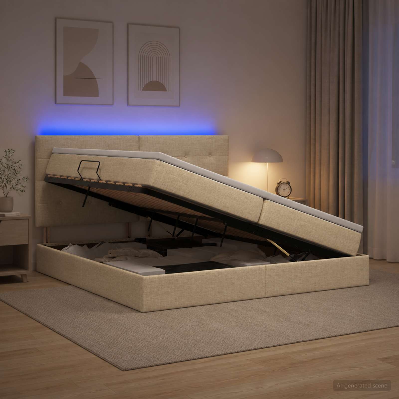 LED Postelja za Shranjevanje z Blazino Krem 200 x 200 cm Blago