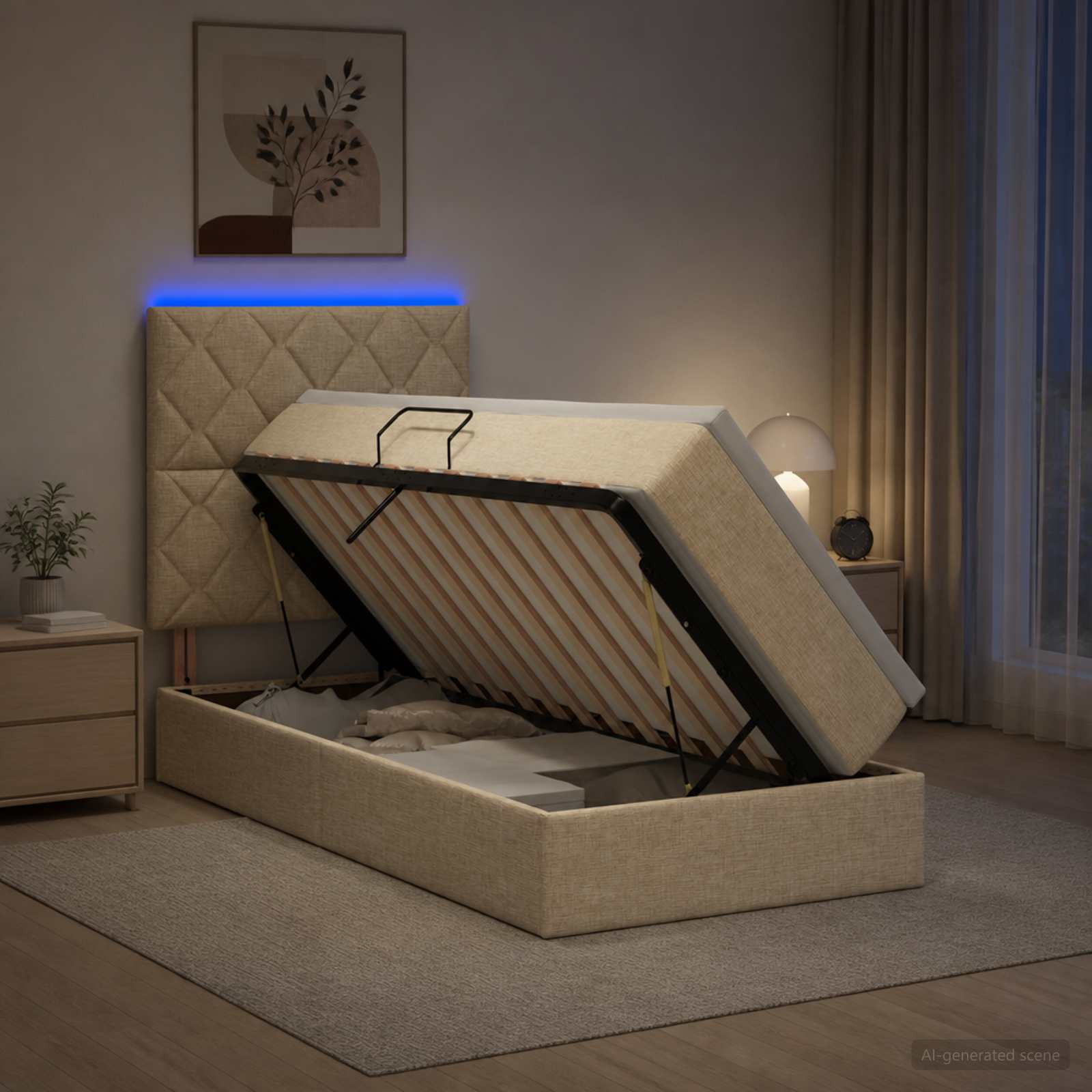 LED Postelja za Shranjevanje z Blazino Krem 100 x 200 cm Blago