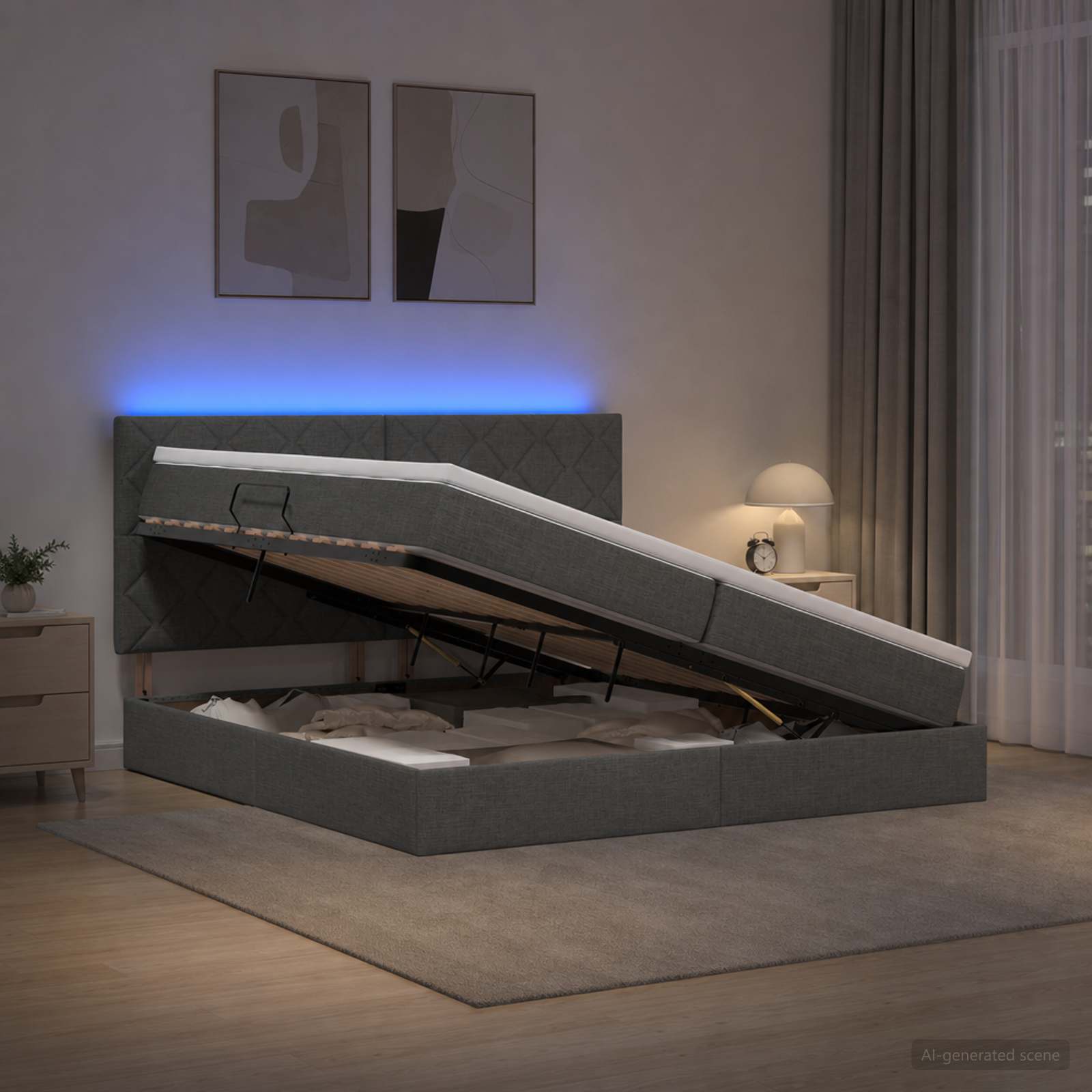 LED легло за съхранение с матрак Тъмносиво 200 x 200 cm Текстил