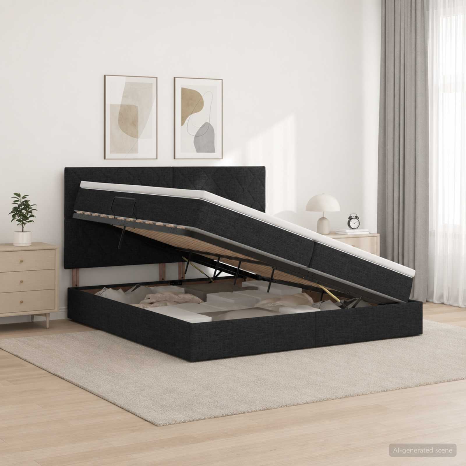 Opslag bed met matras met hoofdeinde Zwart 200 x 200 cm Stof – afbeelding 1