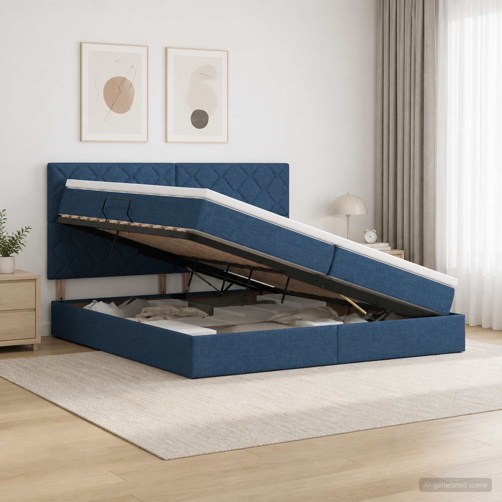 Opslag bed met matras met hoofdeinde Blauw 200 x 200 cm Stof – afbeelding 1