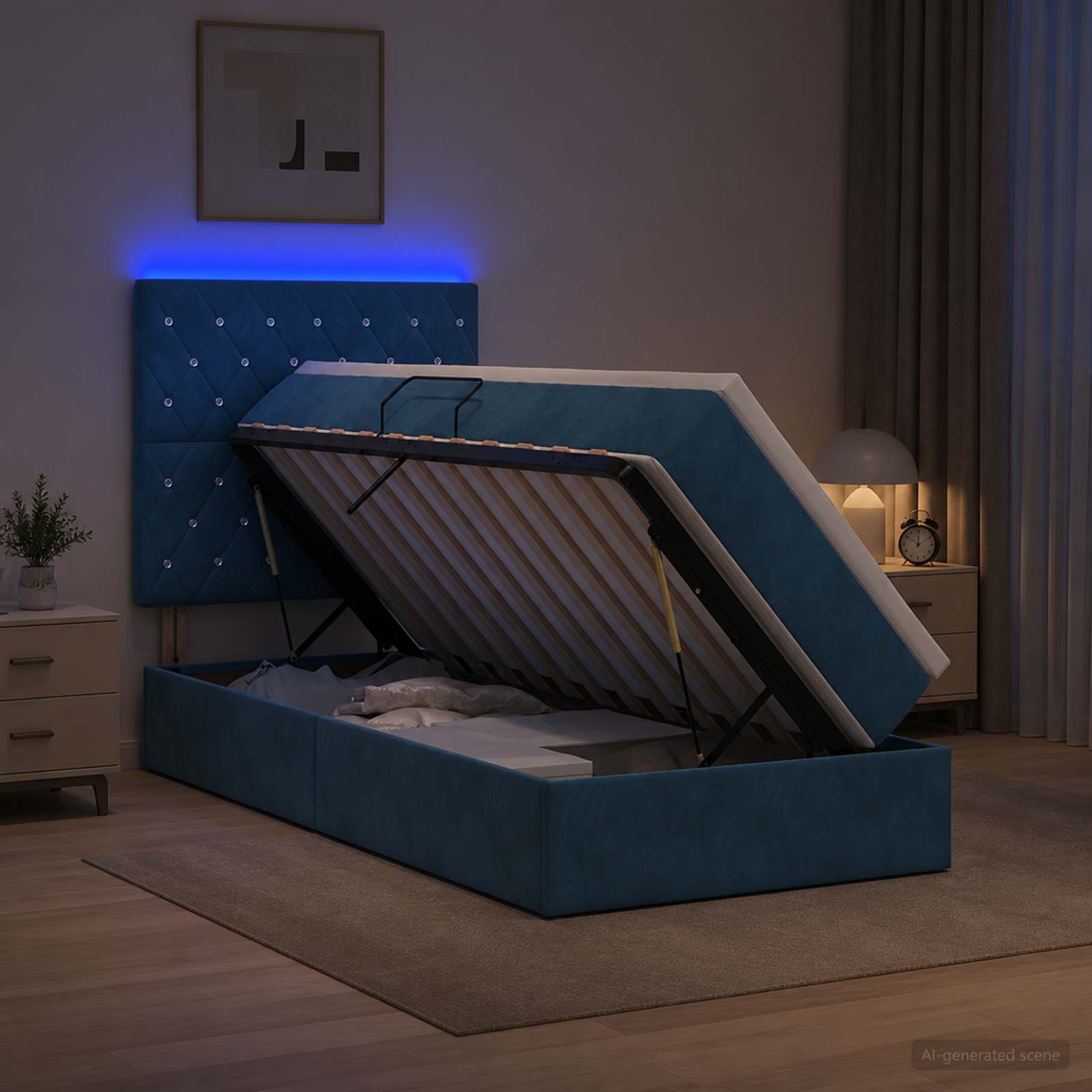 LED Postelja za Shranjevanje z Blazino Temno modra 100 x 200 cm