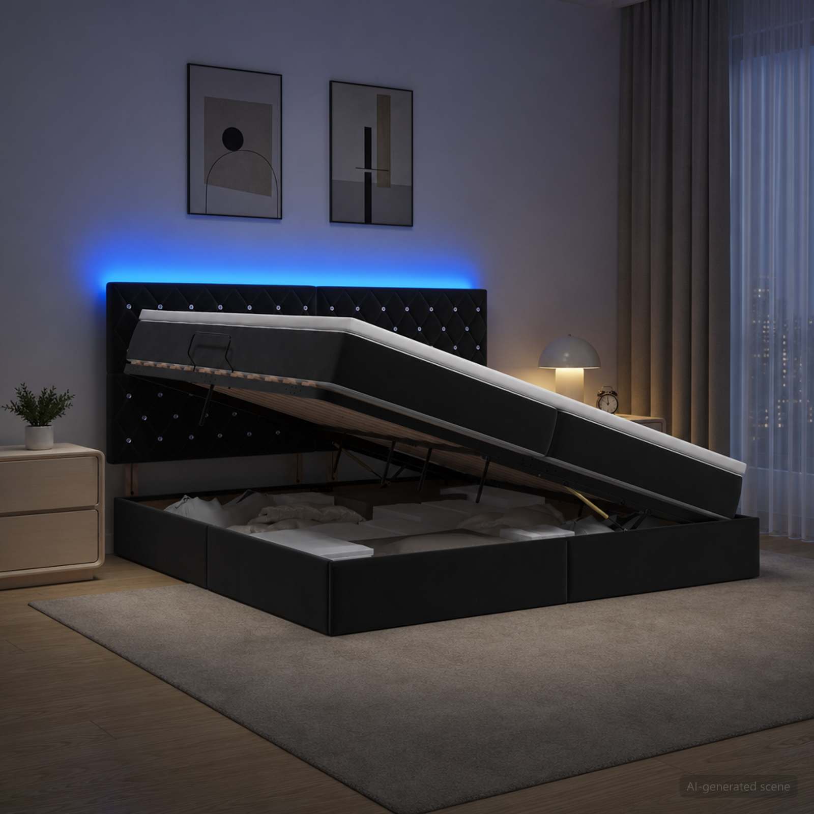 LED легло за съхранение с матрак Черно 200 x 200 cm Кадифе