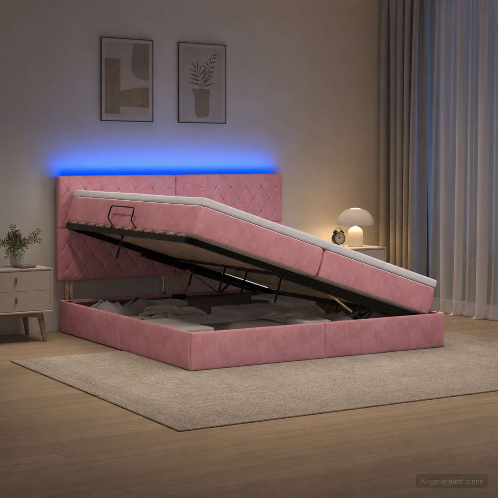 LED Postelja za Shranjevanje z Blazino Roza 200 x 200 cm Žamet