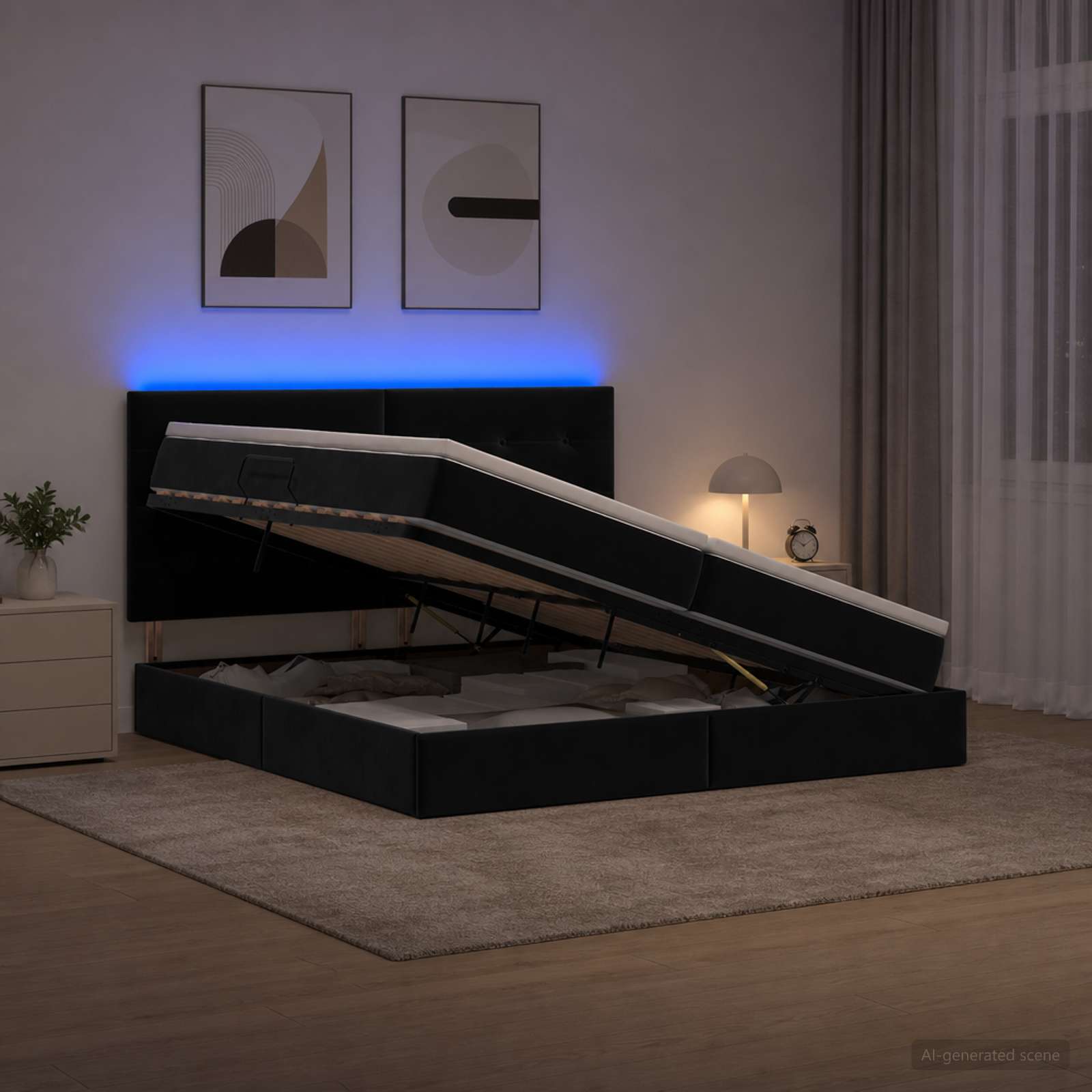 LED легло за съхранение с матрак Черно 200 x 200 cm Кадифе