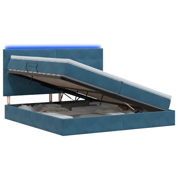 vidaXL LED-iga voodiraam koos madratsiga Tumesinine 200 x 200 cm Samet