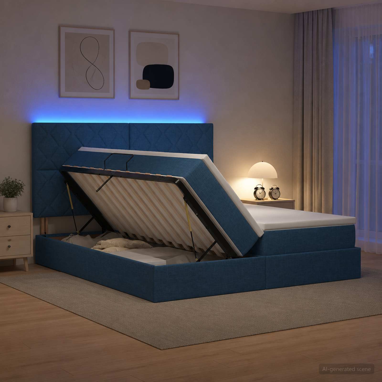 vidaXL LED opbevarings seng med madras Blå 200 x 200 cm Stof
