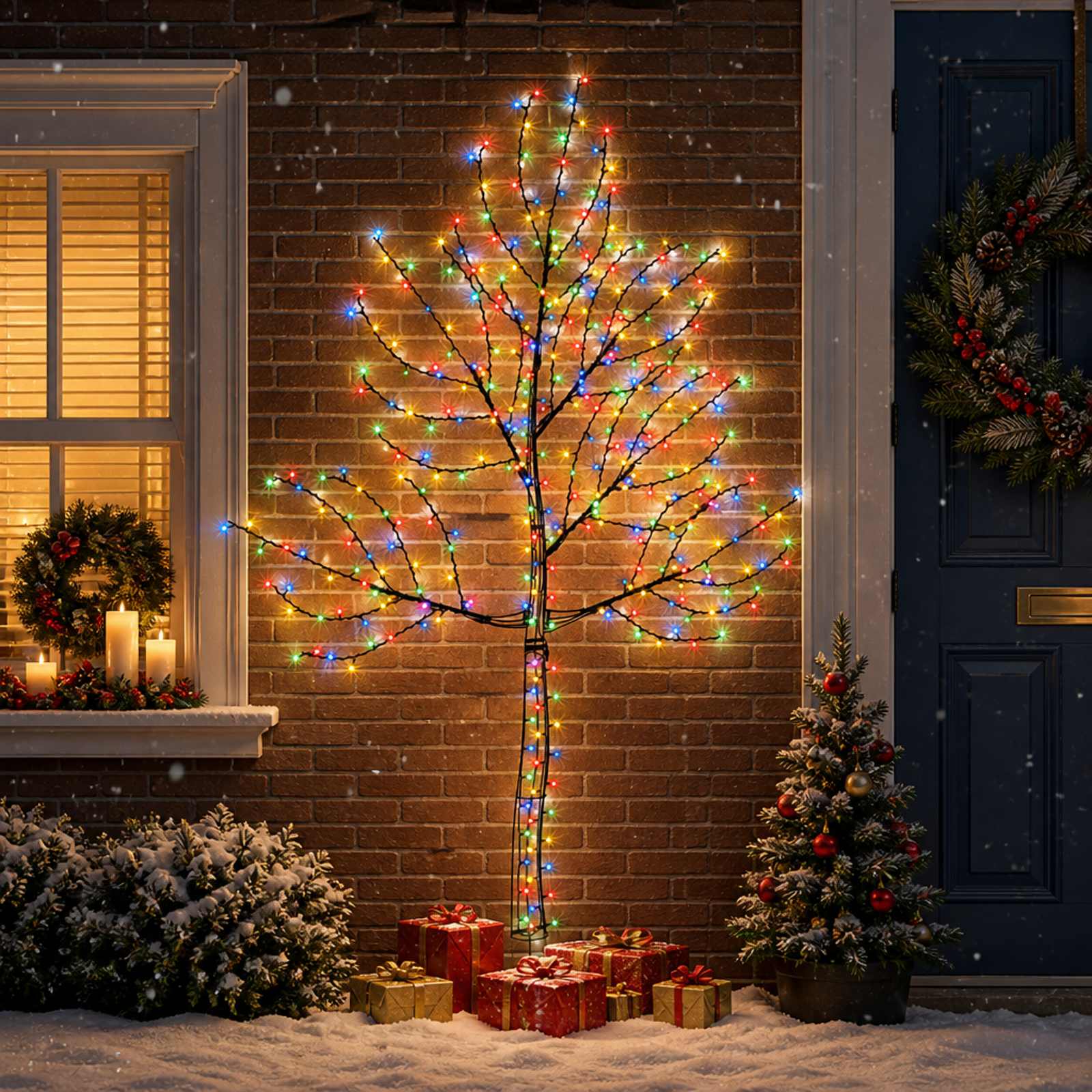 vidaXL LED-juletræ til væg 210 cm 312 LED'er Flerfarvet Stål Sort